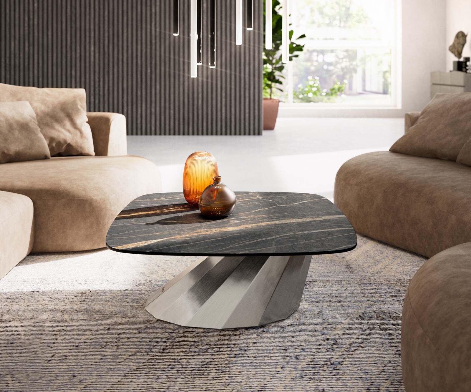 Couchtisch Edge Boot 90x90 cm Keramik Laminam® Noir Desir Braun Parabi Edelstahl gebürstet 2