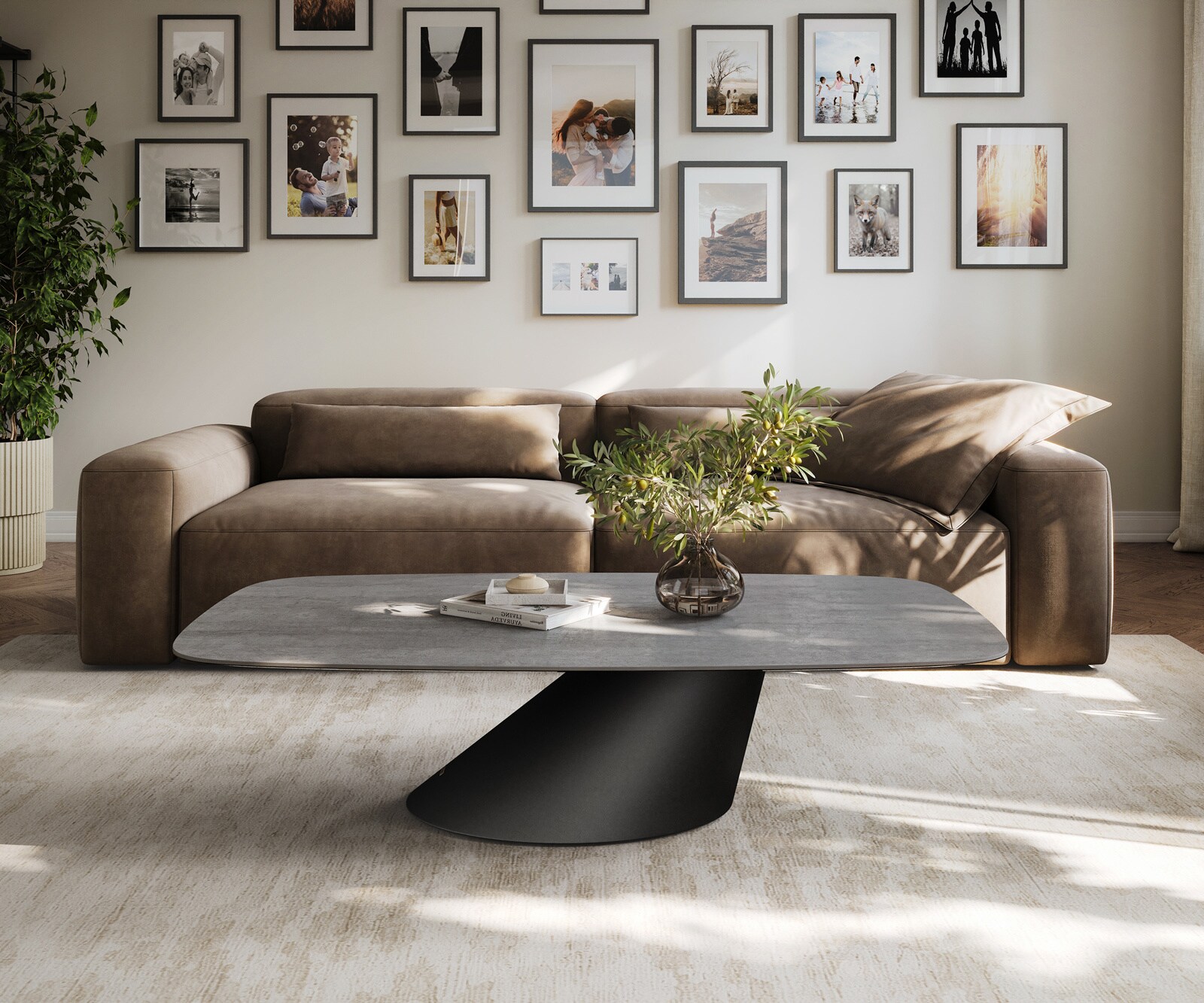 Table basse Edge forme bateau 135x80 cm céramique béton gris Conis métal noir 2