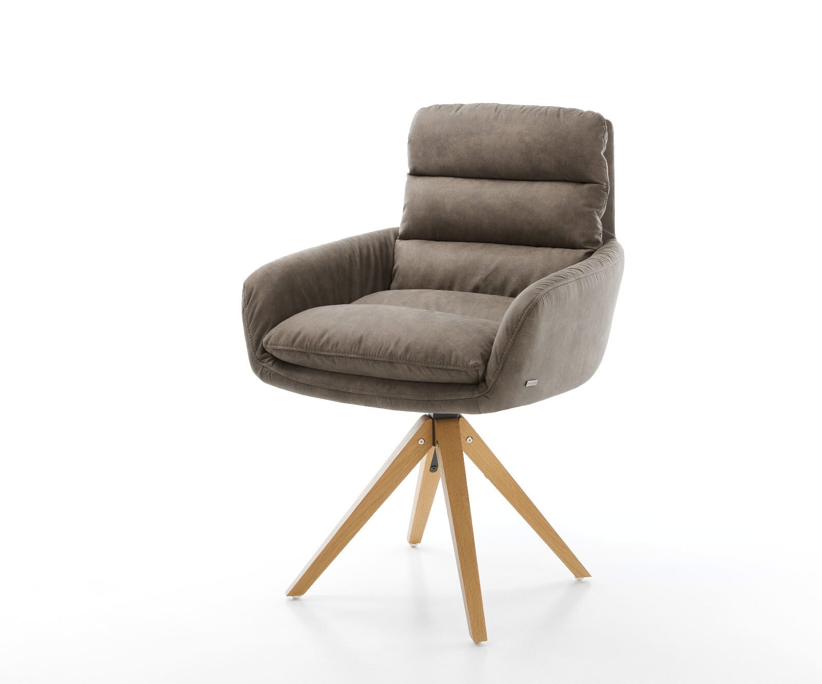 Chaise-de-salle-à-manger Abelia-Flex avec accoudoirs microvelours taupe vintage pied en bois angulaire naturel