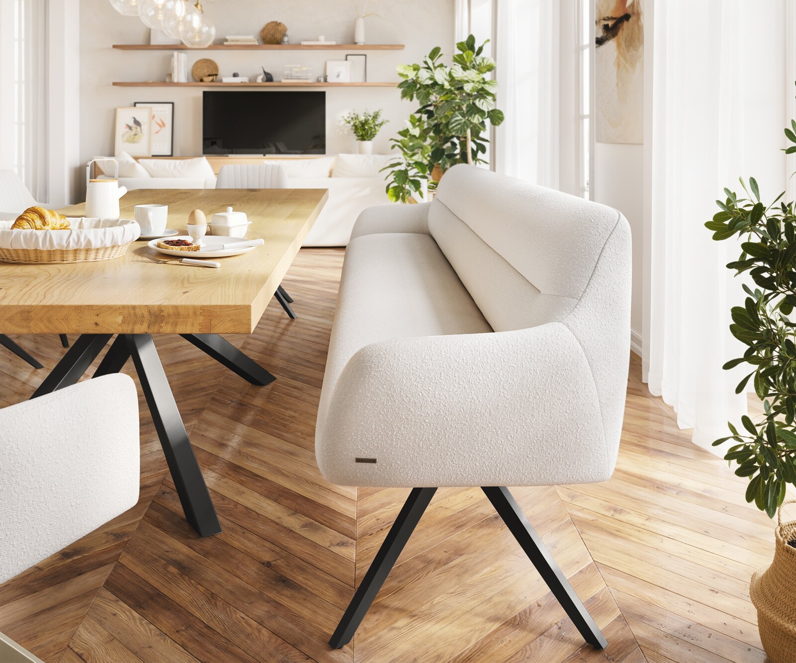 Esszimmerbank Taya-Flex 300 cm Bouclé Creme-Weiß Kreuzgestell kantig Schwarz Taschenfederkern 1