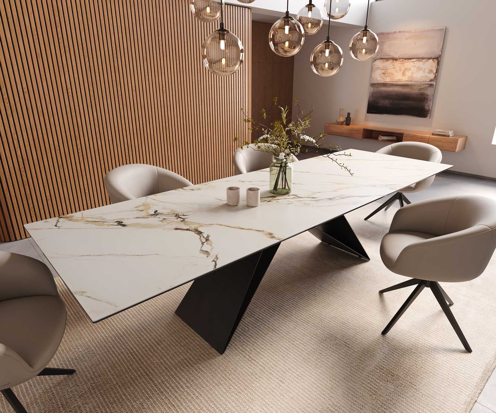 Esstisch Edge 300x100 Keramik Calacatta Luxe Weiß-Gold-Grau V-Gestell Flachstahl Schwarz