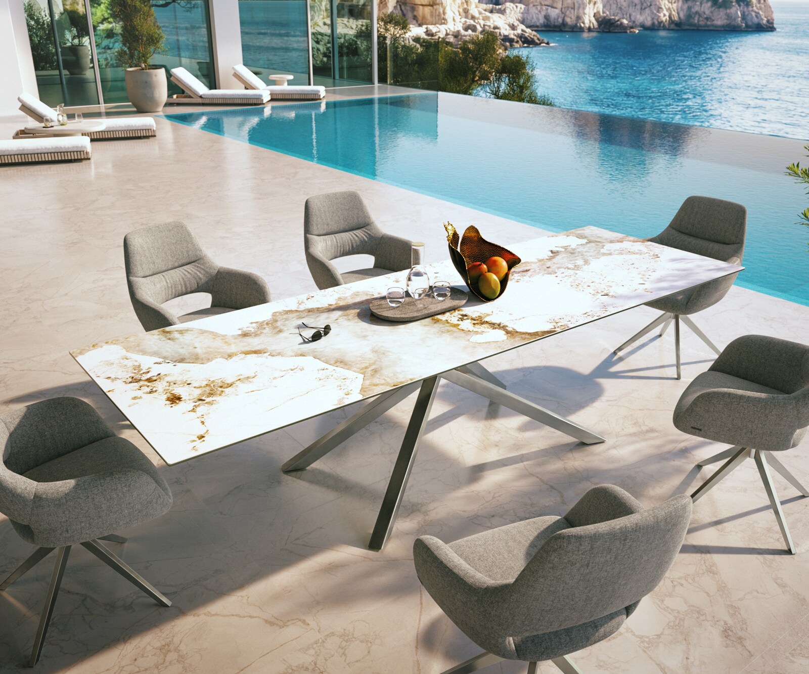 Table d’extérieur Edge 300x100 cm céramique Minas Melange blanc-beige piètement croisé rectangulaire en acier inoxydable 3