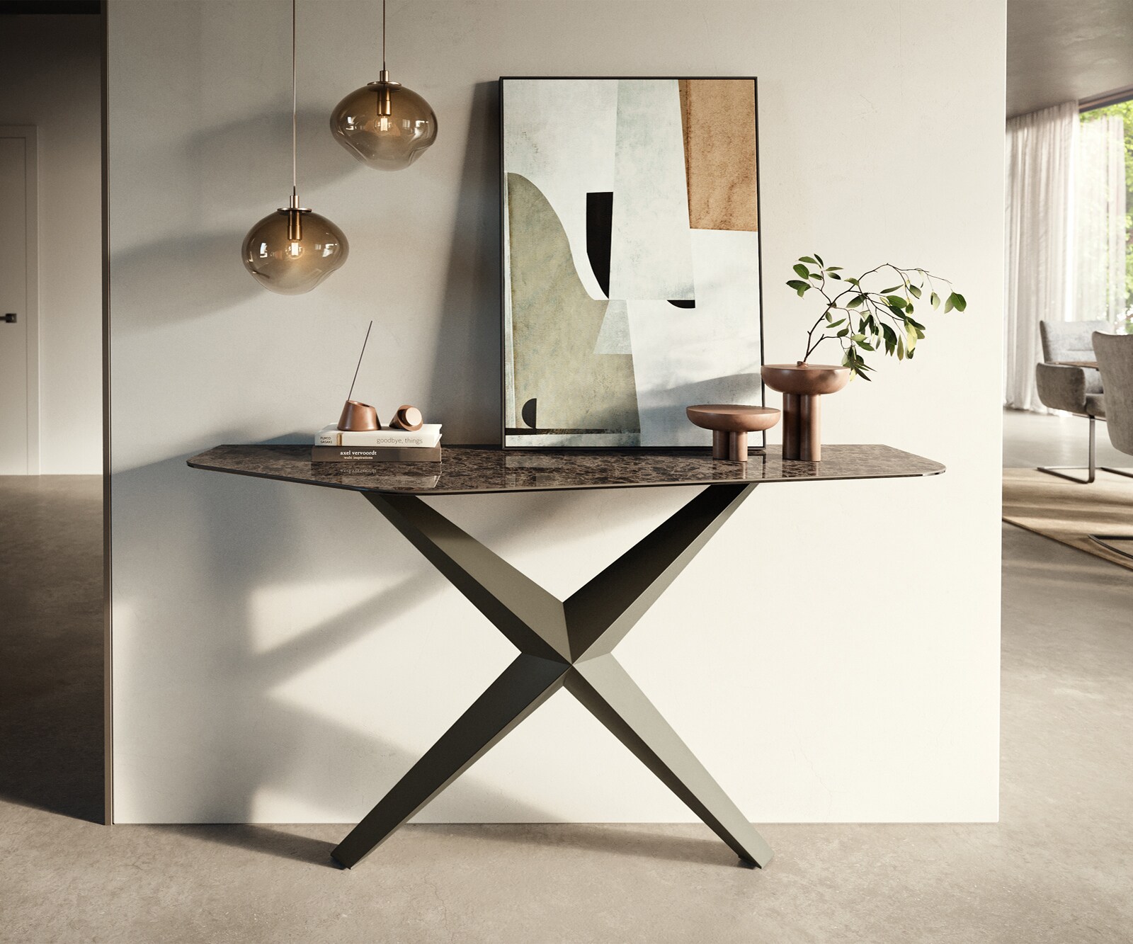 Konsolentisch Edge Polygonal 140x50 cm Keramik Emperador Extra Lucidato Dunkelbraun Zentharo Metall Effektfinish Titan 1