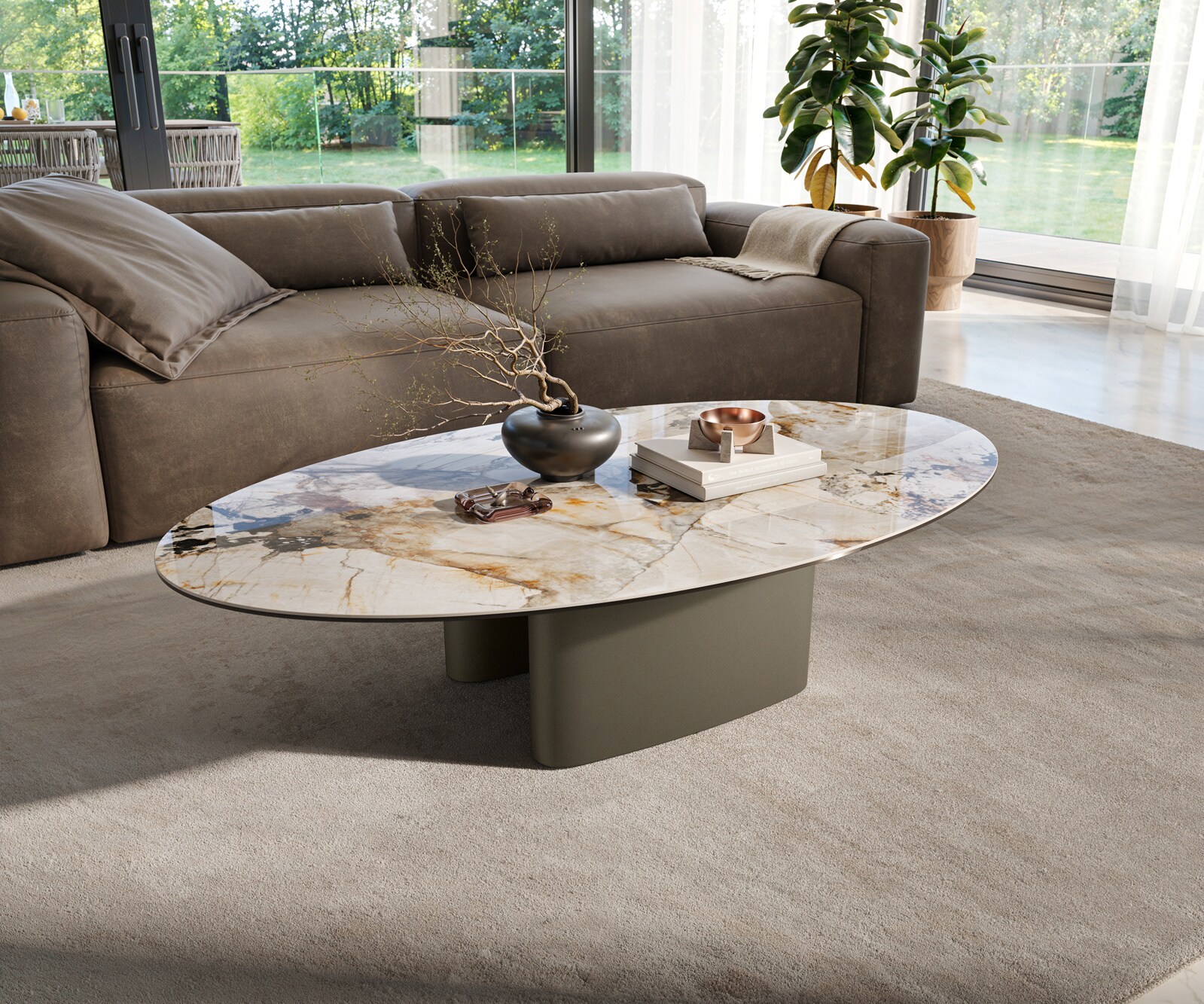 Couchtisch Edge Oval 140x80 cm Keramik Patagonia Poliert Ovada Effektfinish Titan