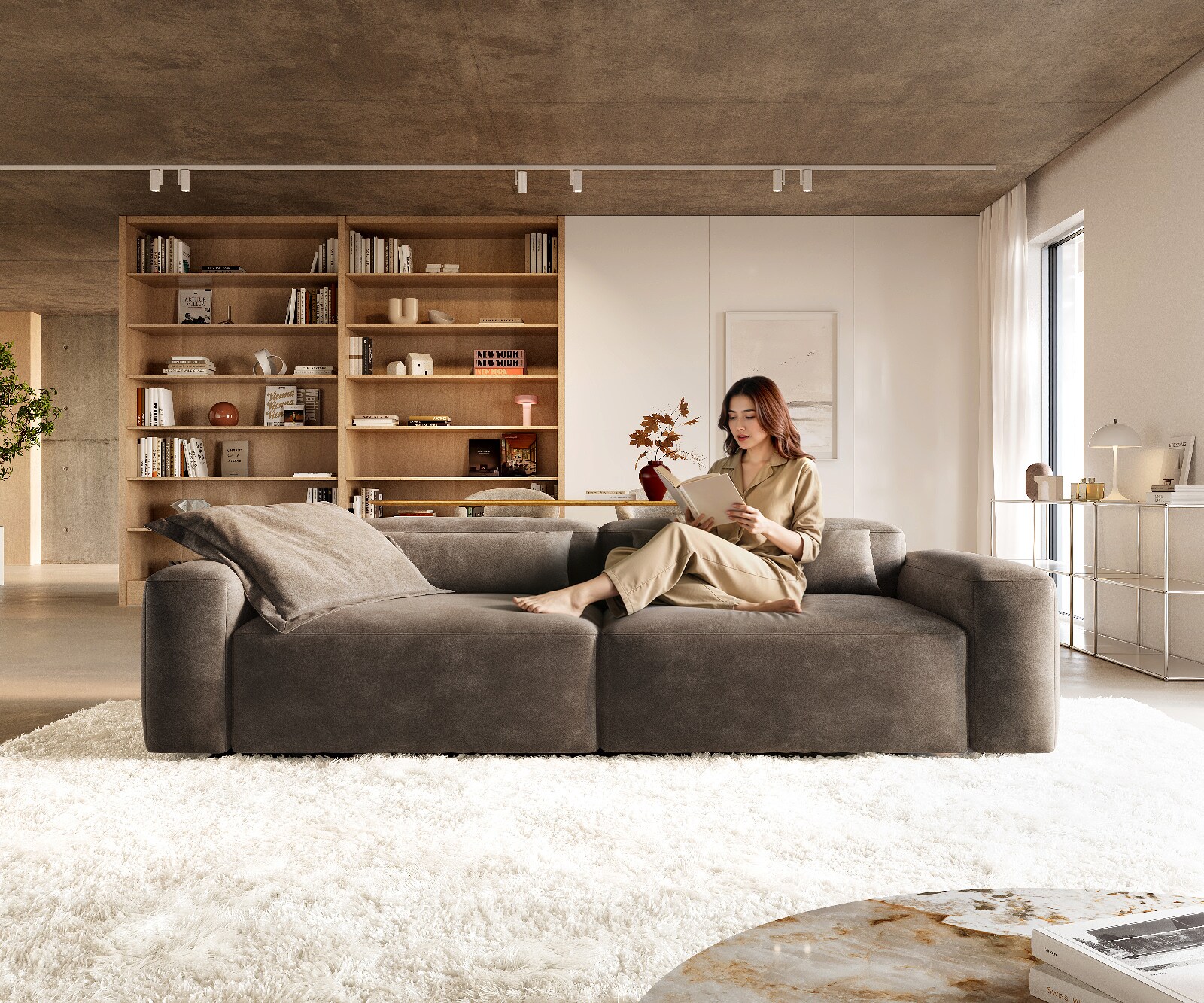 Big-Sofa Freestyle 280x110 cm Mikrofaser Taupe Vintage Kappnaht 1