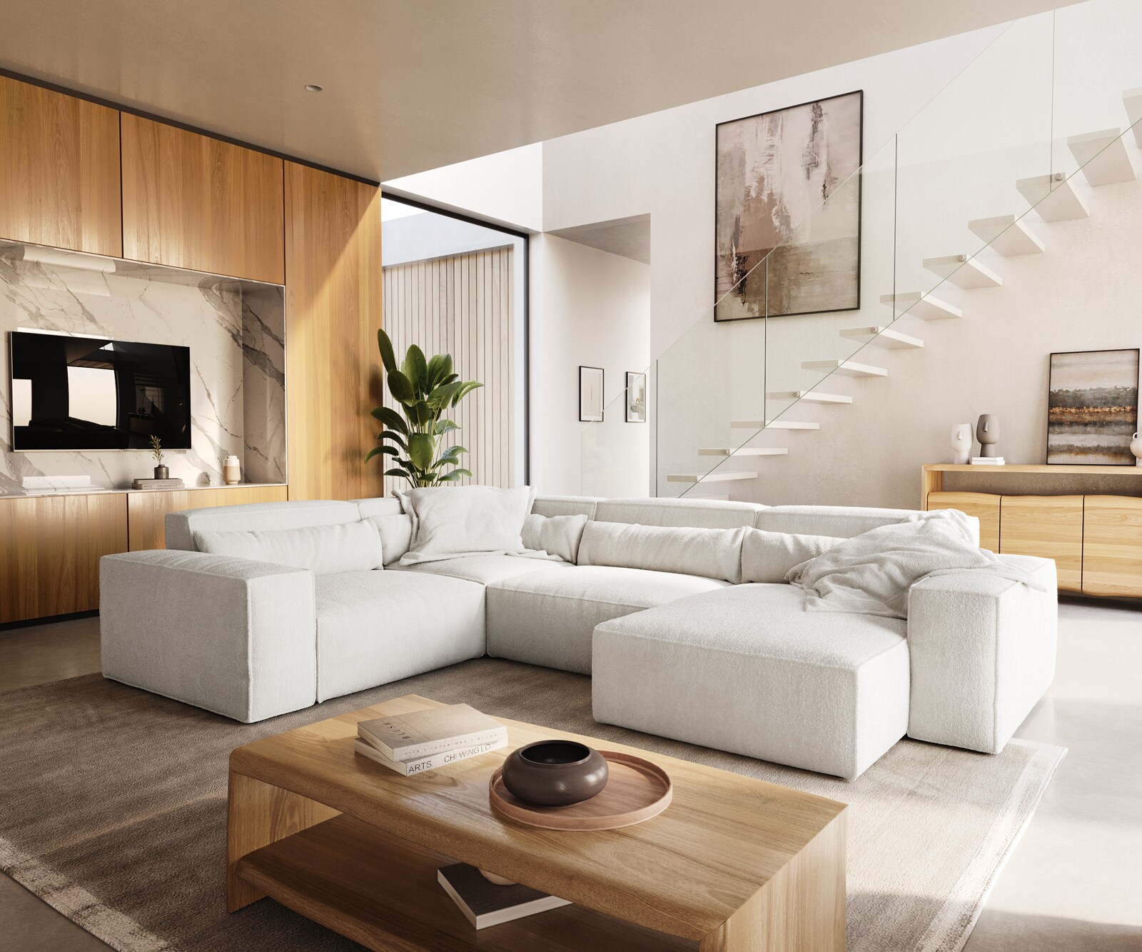 Canapé panoramique Sirpio L 330x230 cm Bouclee Crème-blanc Recamiere variable 2