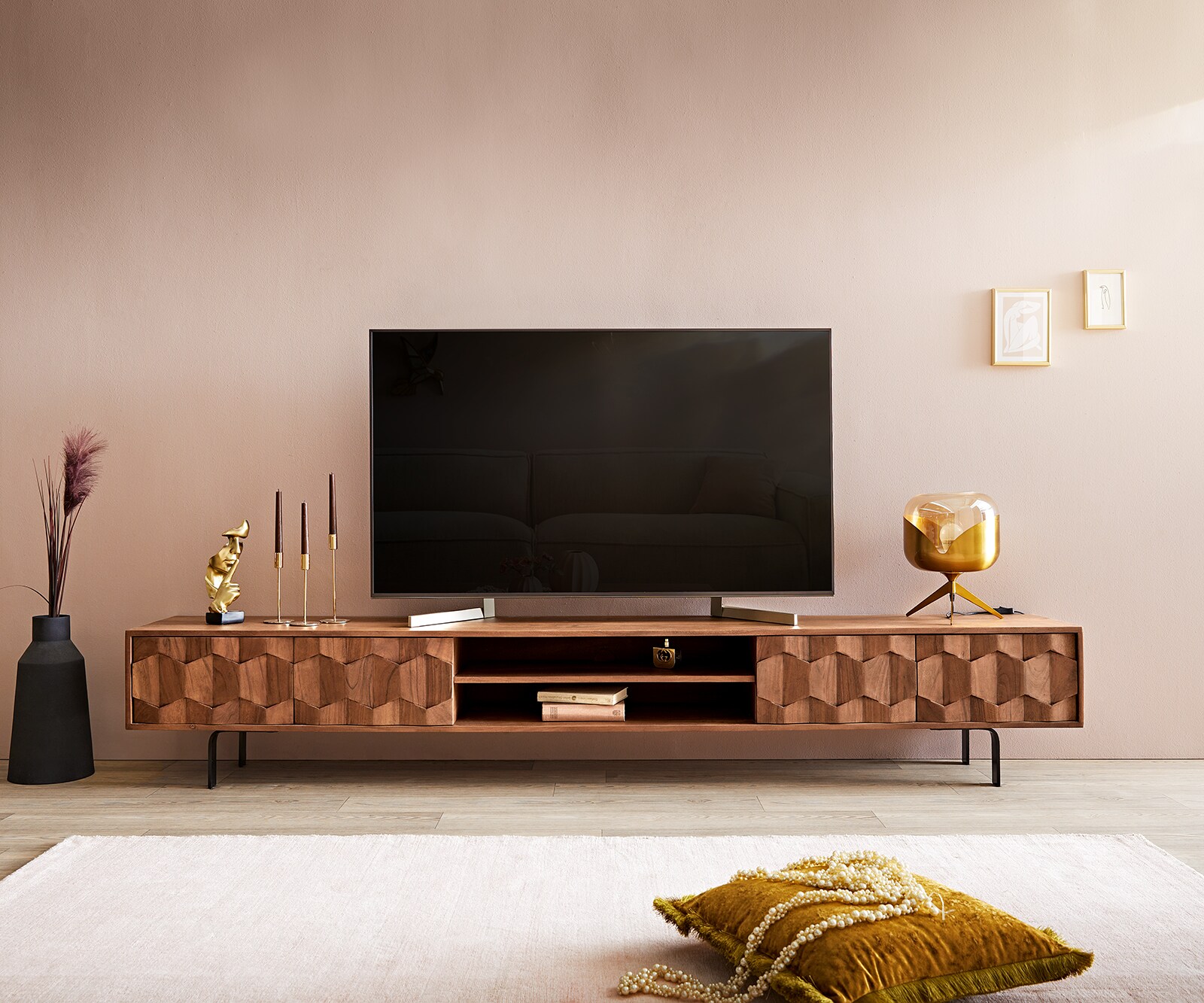 Buffet bas Fevo 240 cm acacia marron 4 portes Pied-L 1