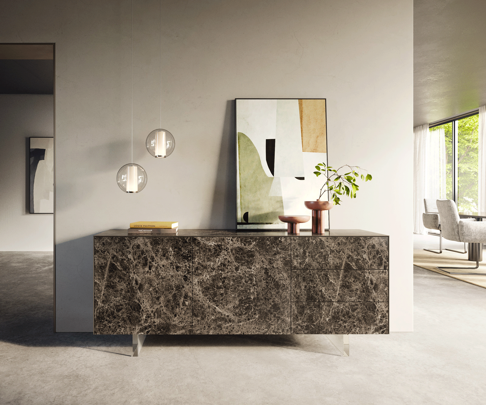 Buffet Cuor 180 cm Céramique Emperador Extra Lucidato brun foncé 2 Portes 3 Tiroirs Pied optique flottant Verre acrylique 1