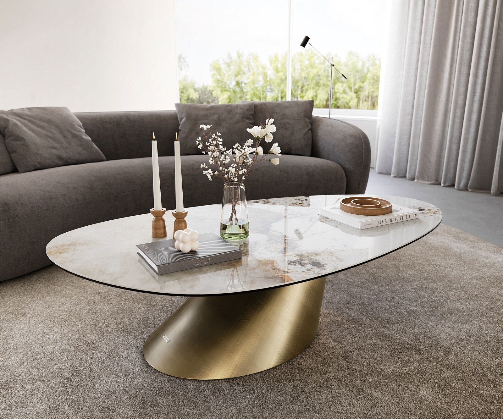 Table basse Edge Oval 140x75 cm céramique Minas Melange Conis doré métallique 1