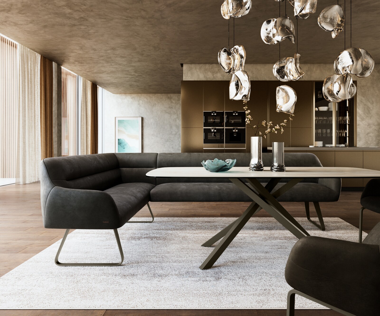 Banc-de-salle-à-manger Taya-Flex 285x190 cm microfibre antracite vintage châssis à patins plat titane ressort ensaché à droite 2