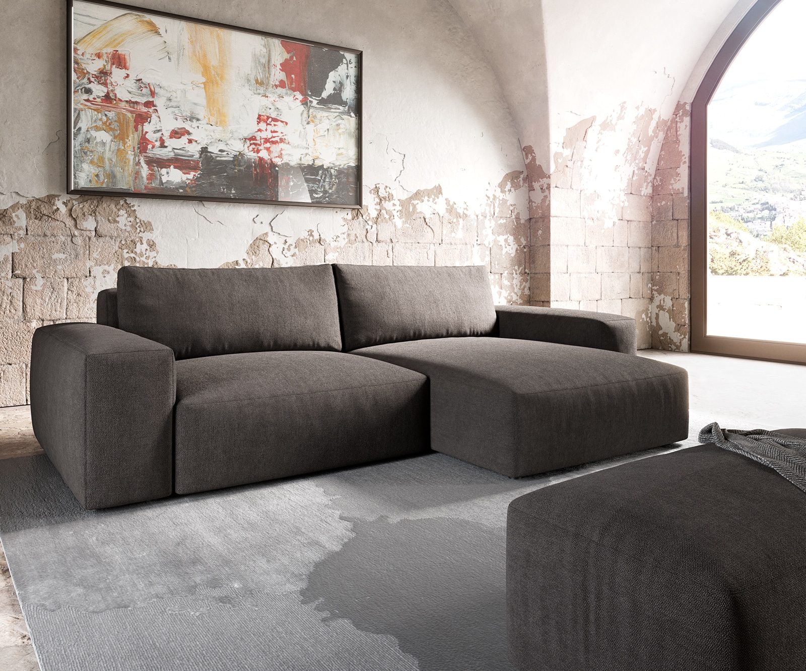 Ecksofa Lanzo XL 270x180 cm Mikrofaser Khakibraun Recamiere variabel mit Hocker