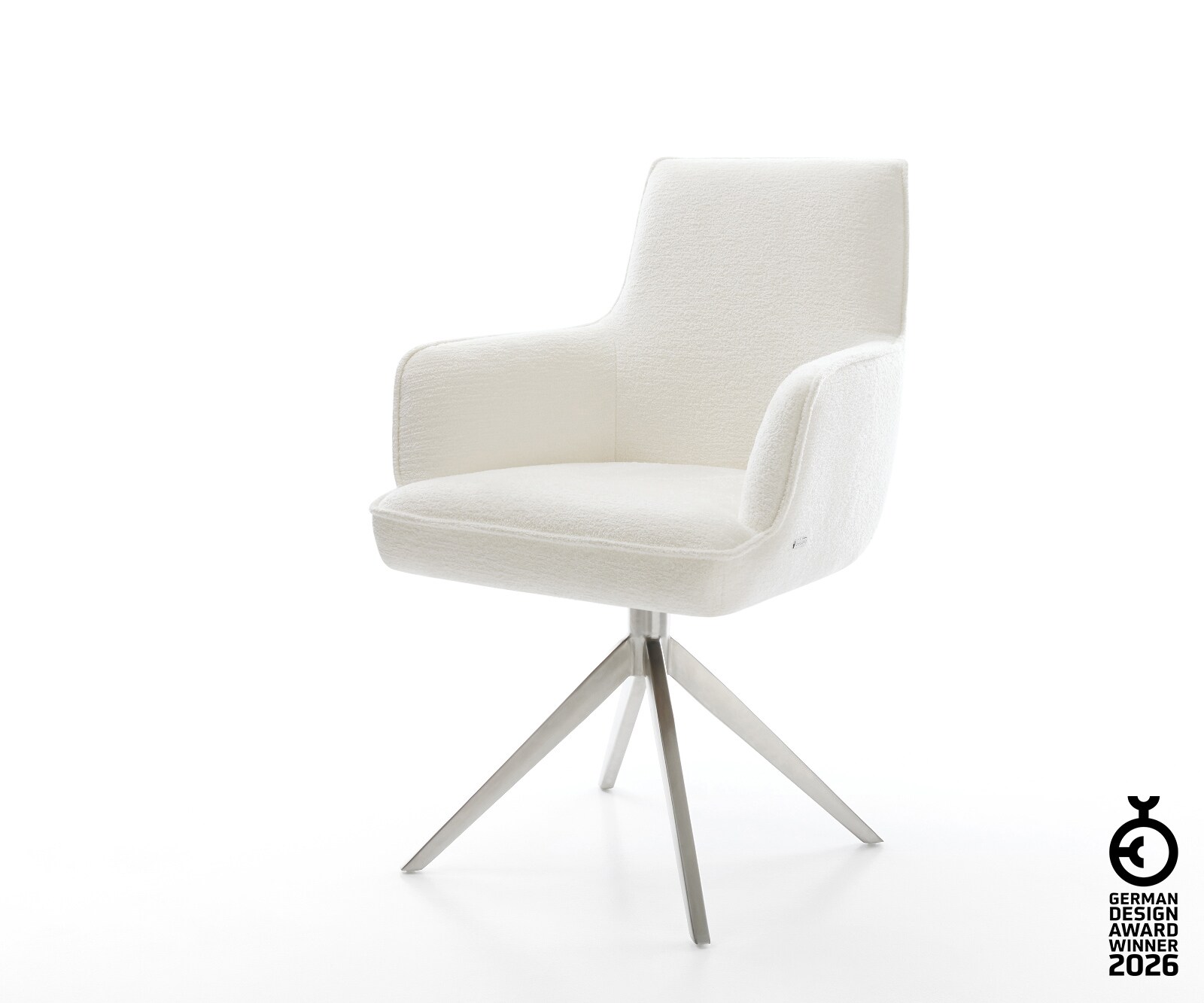 Drehstuhl Heira-Flex mit Armlehnen Bouclé Soft Beige Kreuzgestell breit Edelstahl 360° drehbar Wippfunktion Taschenfederkern 1