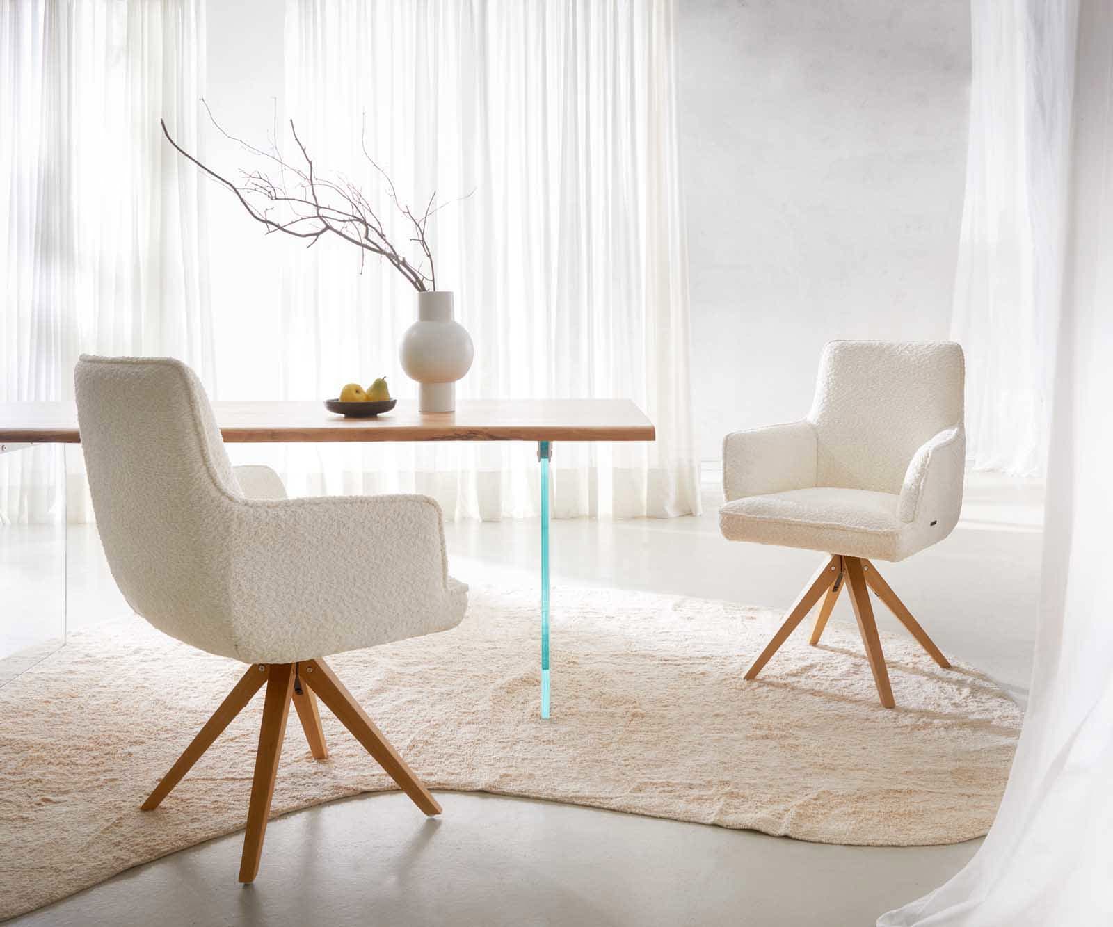 Drehstuhl Heira-Flex mit Armlehnen Bouclé Weiß Holzgestell kantig Natur 180° drehbar Taschenfederkern 5 Drehstuhl Heira-Flex mit Armlehnen Bouclé Weiß Holzgestell kantig Natur 180° drehbar Taschenfederkern 5