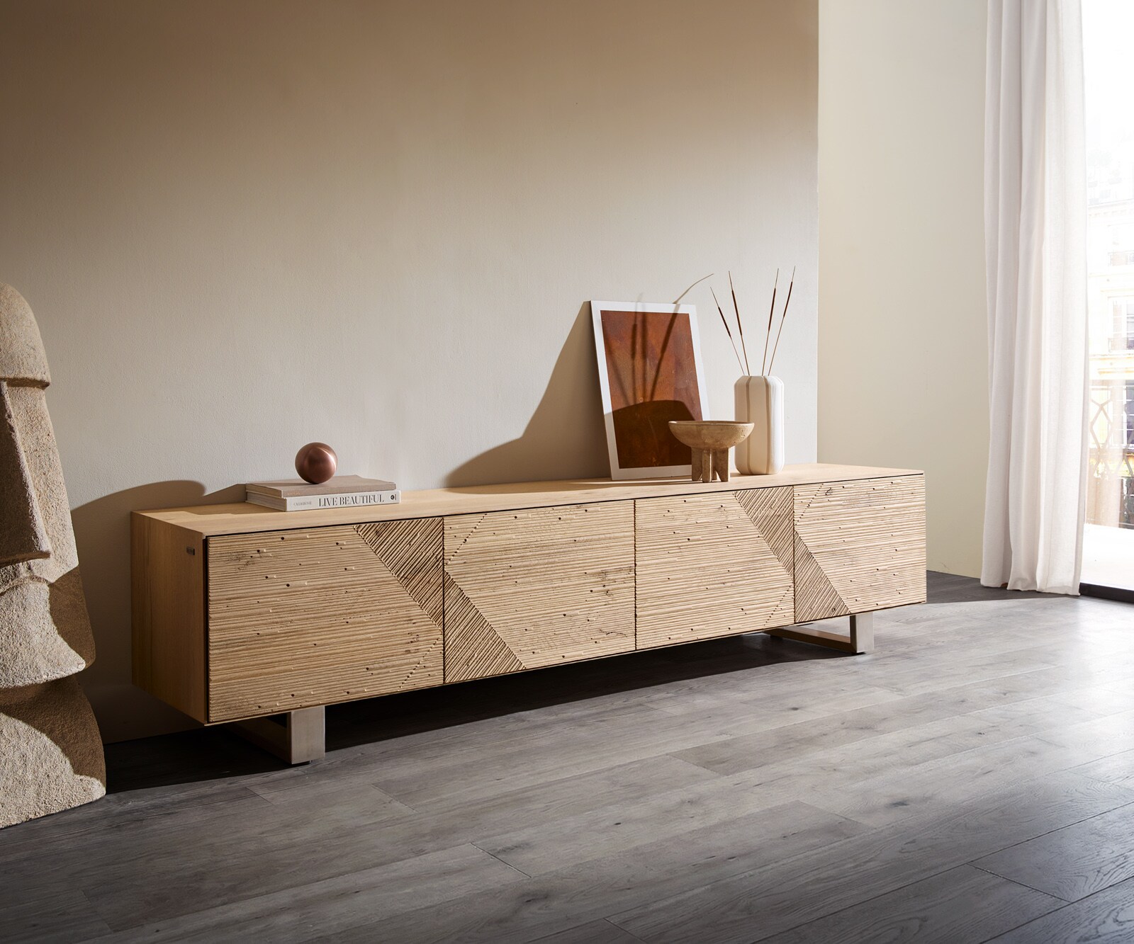 Lowboard Tereos 220 cm Eiche Natur 3D Effekt 4 Türen Kufe Edelstahl gebürstet