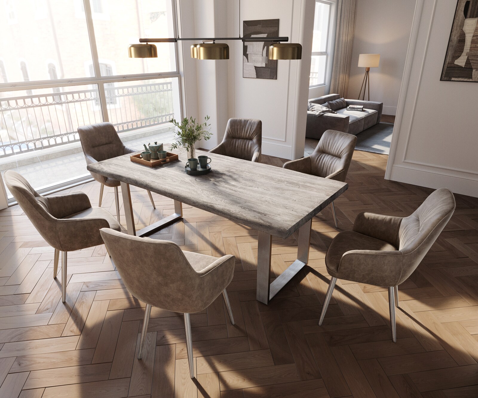 Chaise-de-salle-à-manger Zelia-Flex avec accoudoirs microvelours taupe vintage 4 pieds coniques acier inoxydable brossé ressorts ensachés 4