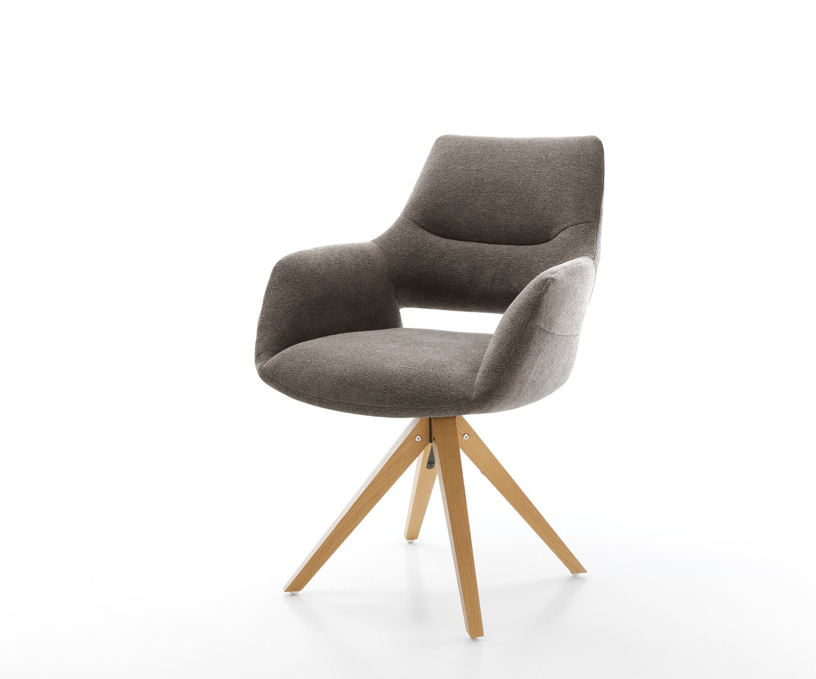 Chaise-pivotante Yago-Flex avec accoudoirs tissu structuré doux taupe pied en bois angulaire naturel pivotement sur 180° ressorts ensachés 1