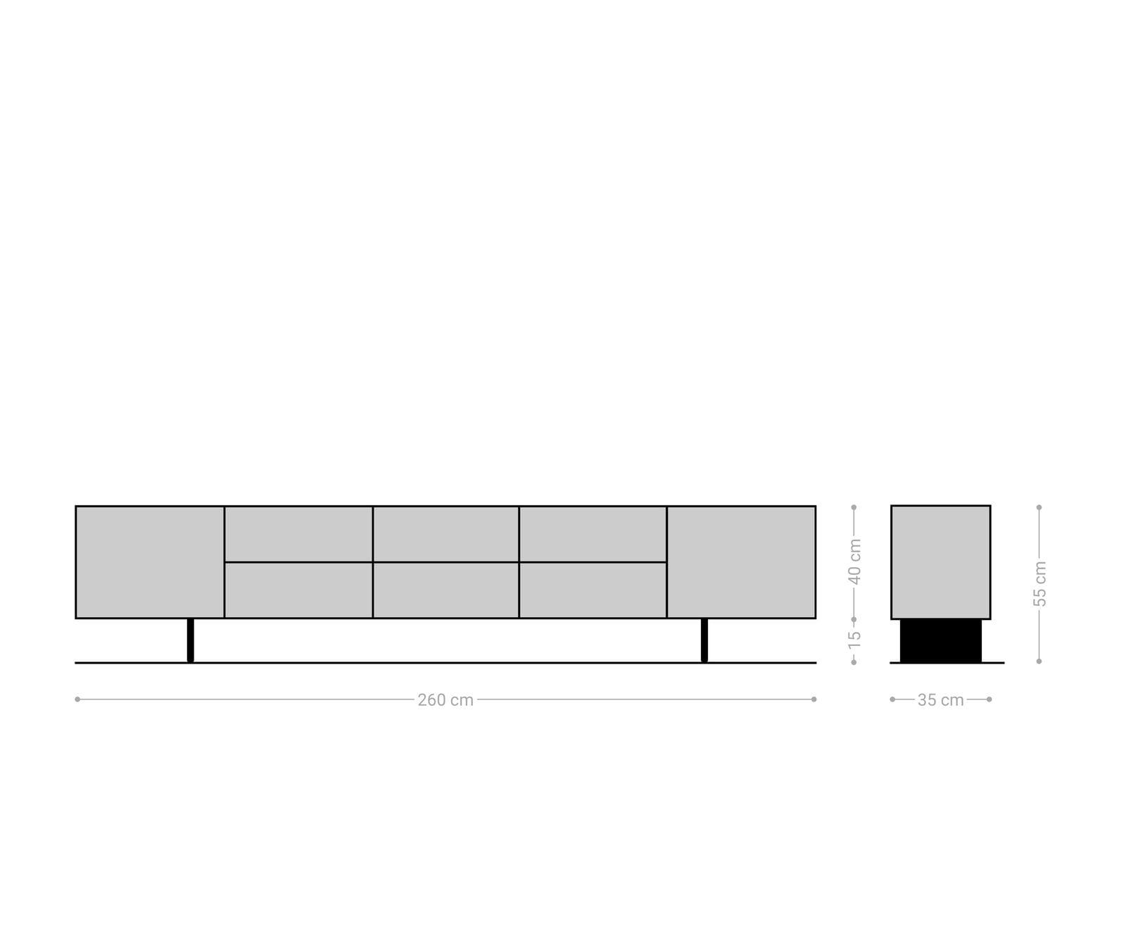 Lowboard Solu 260 cm Akazie Natur 2 Türen 6 Schübe Fuß schwebend Metall Schwarz 3D-Front 9