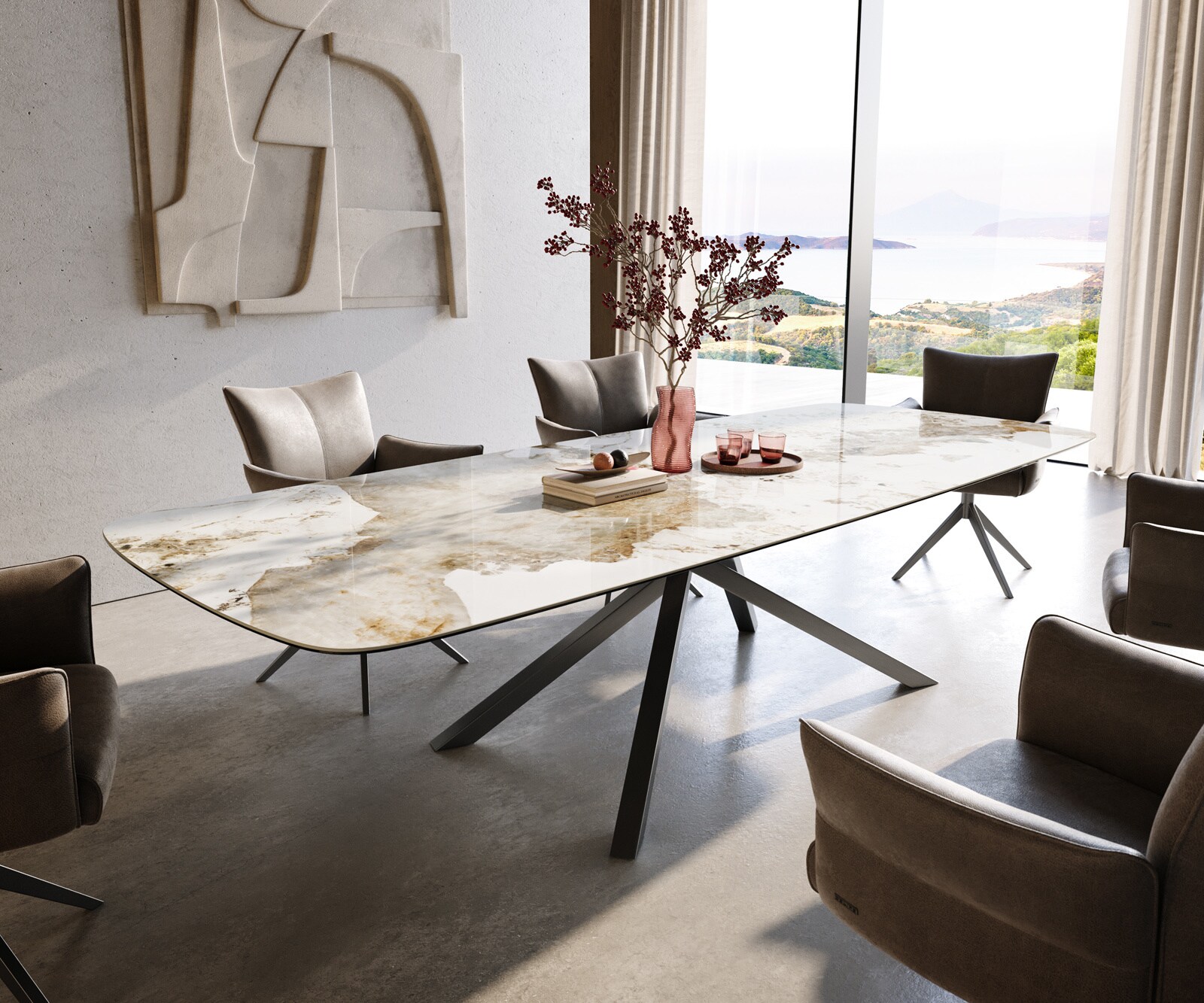 Esstisch Edge Boot 300x120 cm Keramik Minas Melange Weiß-Beige Kreuzgestell Rechteck Edelstahl Graphit