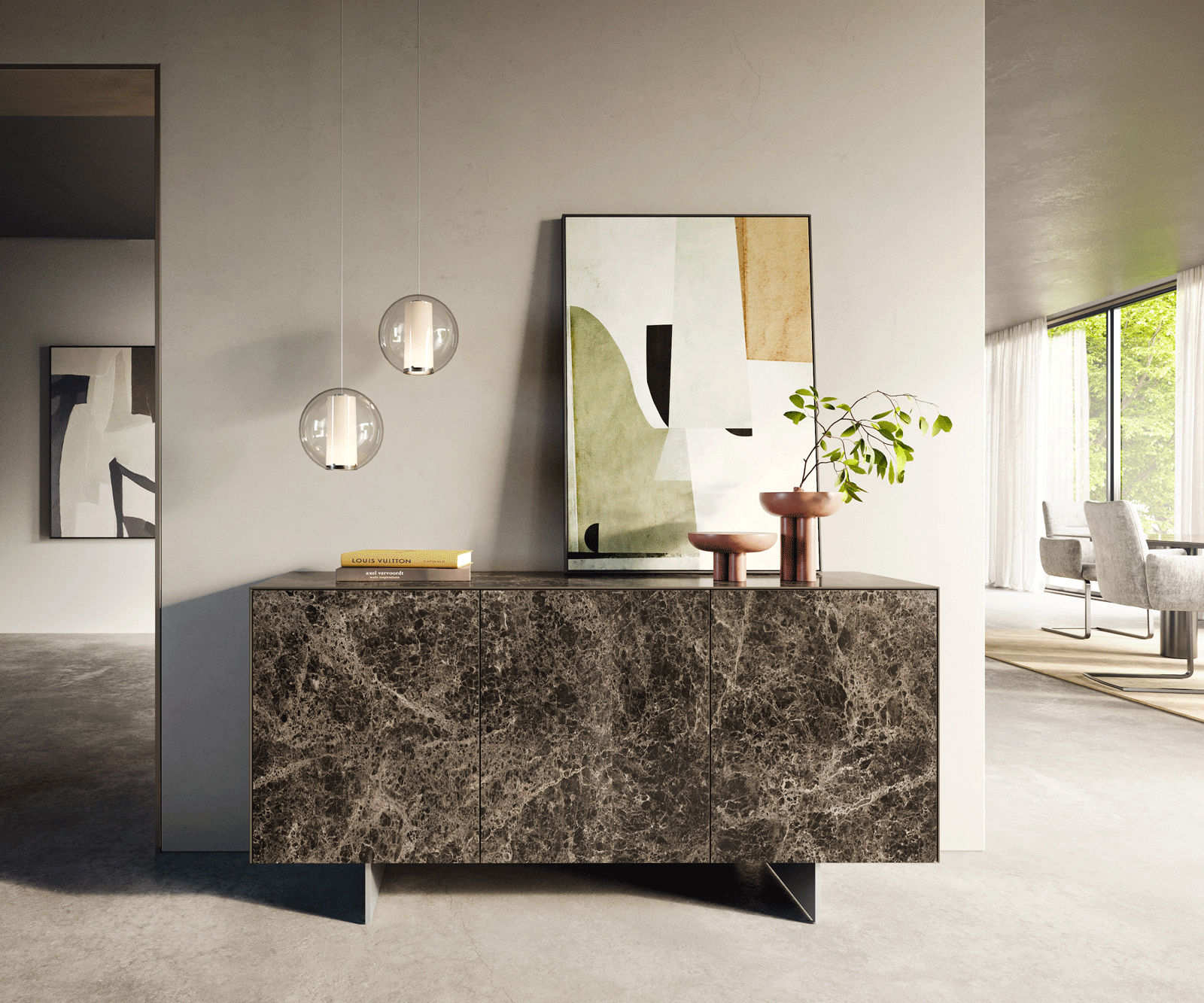 Buffet Cuor 150 cm Céramique Laminam® Emperador Extra Lucidato brun foncé 3 Portes Pied optique flottant Ancier inoxydable 2