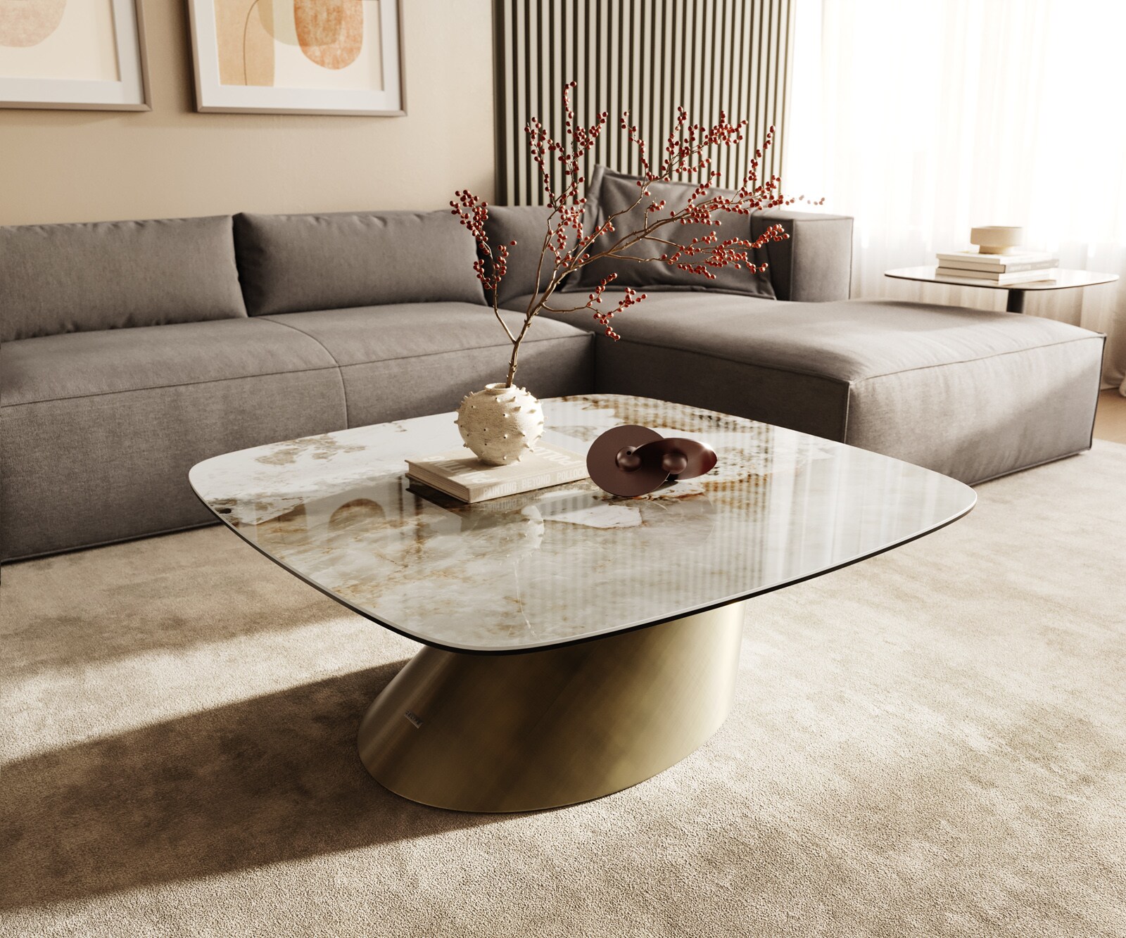 Couchtisch Edge Boot 90x90 cm Keramik Minas Melange Conis Metallic Gold 1