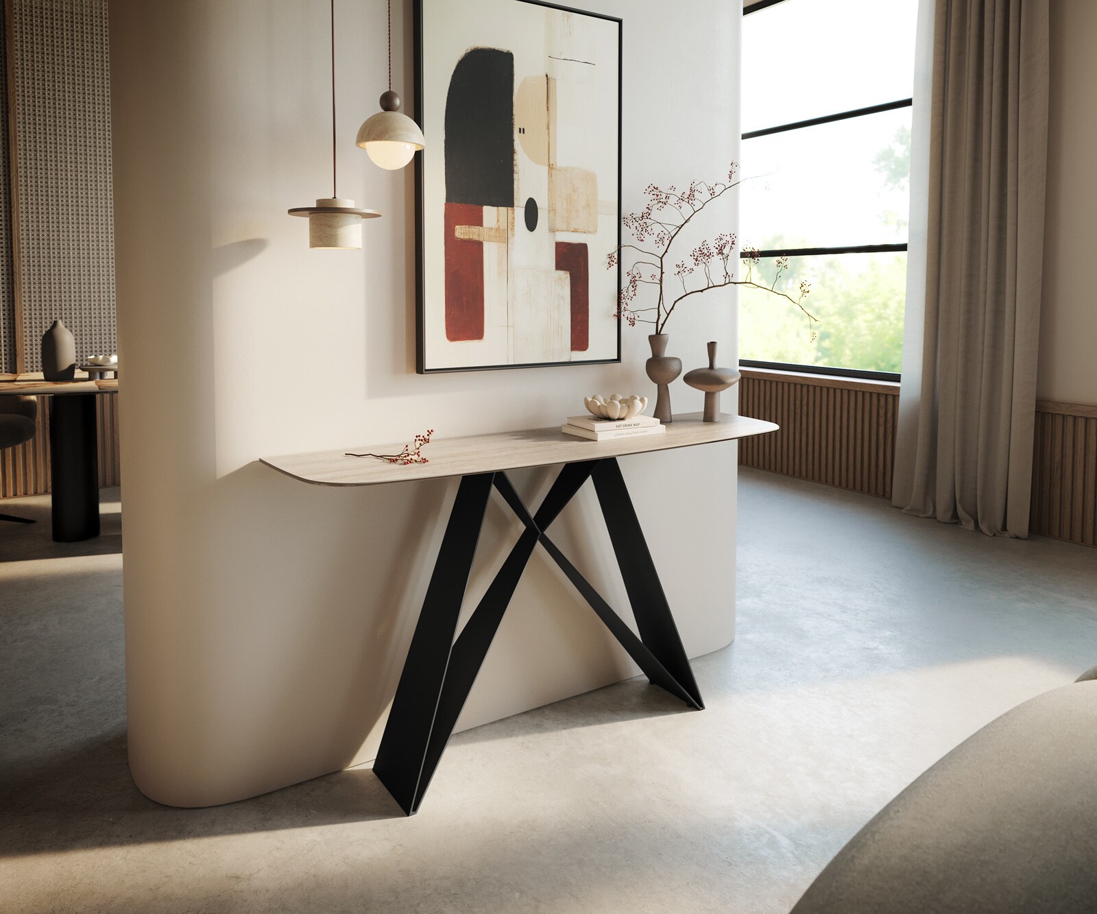 Console Edge forme bateau 140x40 cm Céramique Laminam® Travertino Bianco Creme-Weiß Velio Métal Noir 1