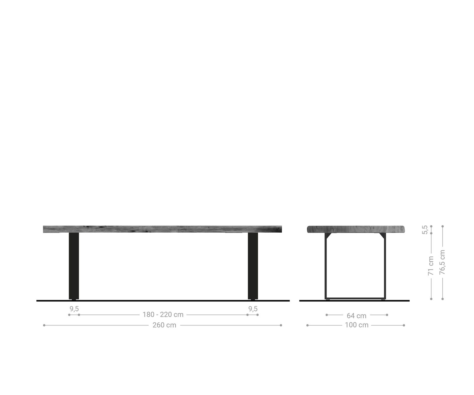 Table-à-manger Edge 260x100 XL acacia platine acier inoxydable mince Live-Edge 7