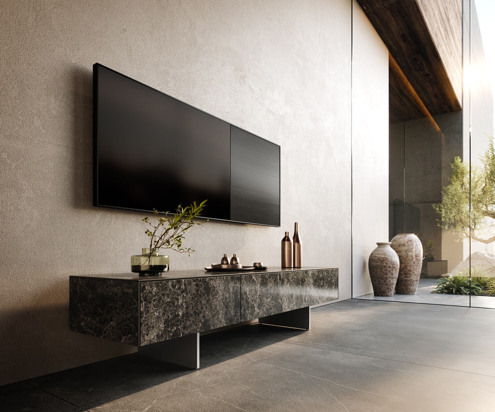 Meuble-TV Cuor 150 cm Céramique Emperador Extra Lucidato brun foncé 1 Clapet 1 Tiroir Pied optique flottant Ancier inoxydable