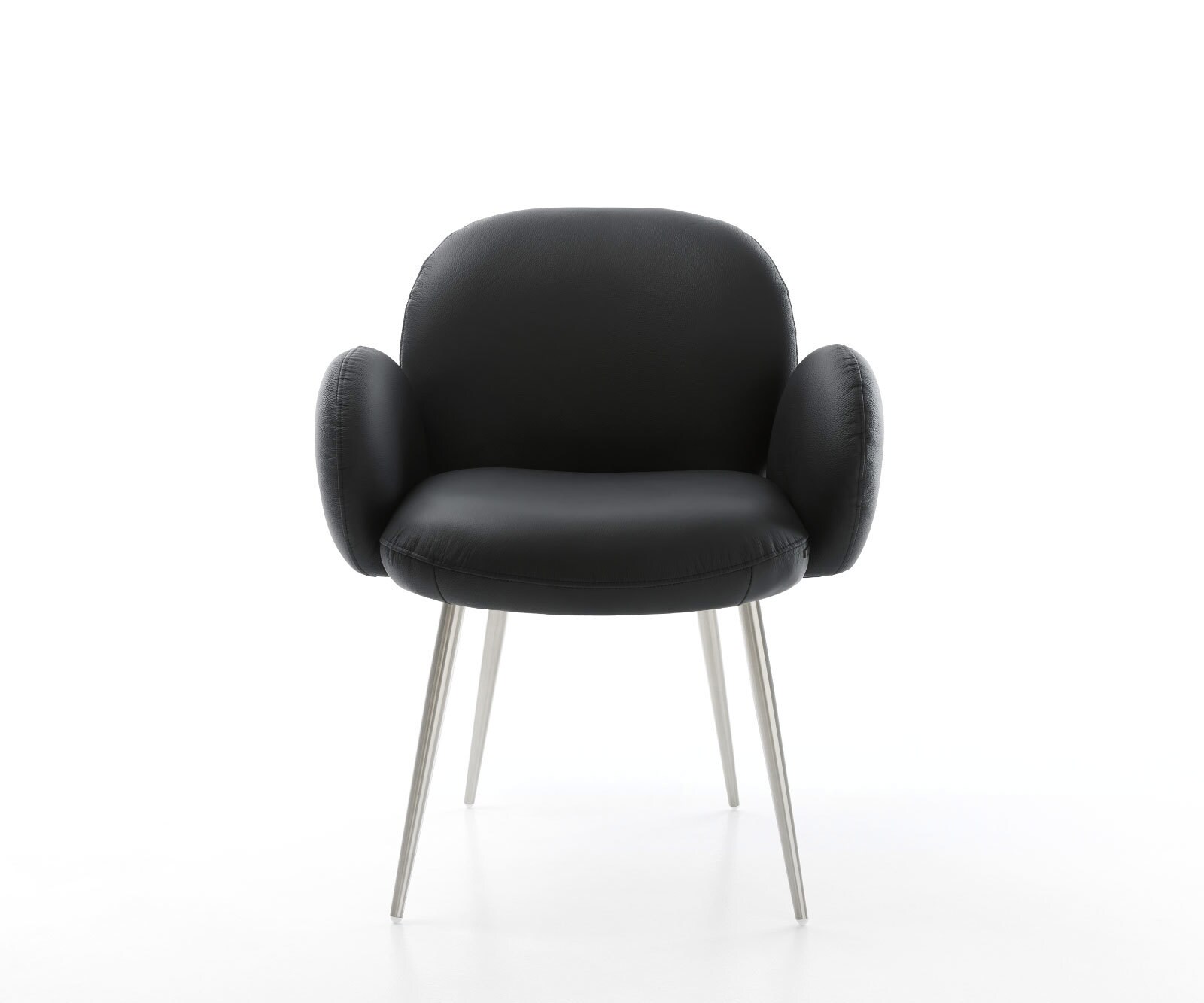 Chaise-de-salle-à-manger Nube-Flex avec accoudoirs cuir de vache noir 4 pieds coniques acier inoxydable brossé ressorts ensachés 2