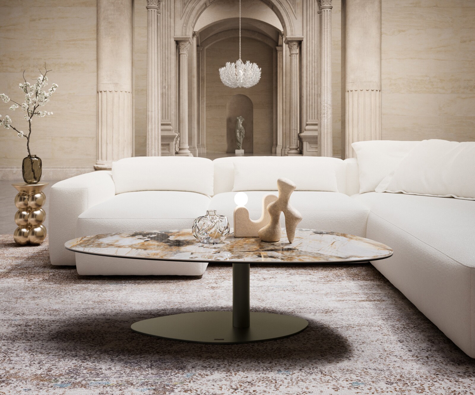 Couchtisch Edge Oval 140x75 cm Keramik Patagonia Poliert Vibany Metall Effektfinish Titan 1