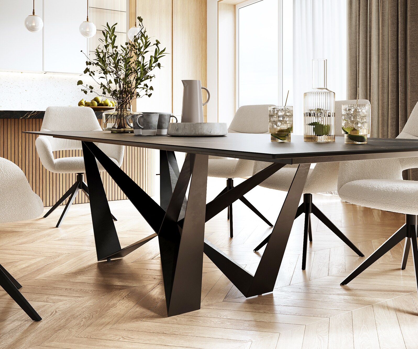 Table-à-manger Edge 300x100cm Laminam® céramique marron pieds milieu acier plat noir 4
