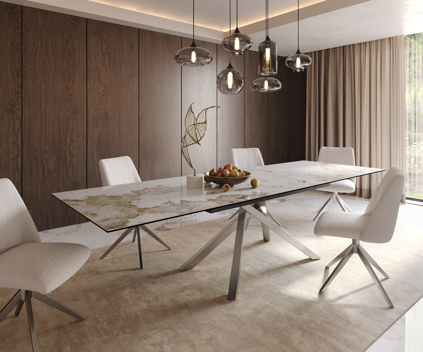 Esstisch Edge 200-300x100 Keramik Minas Melange Weiß-Beige Kreuzgestell Rechteck Edelstahl ausziehbar 1