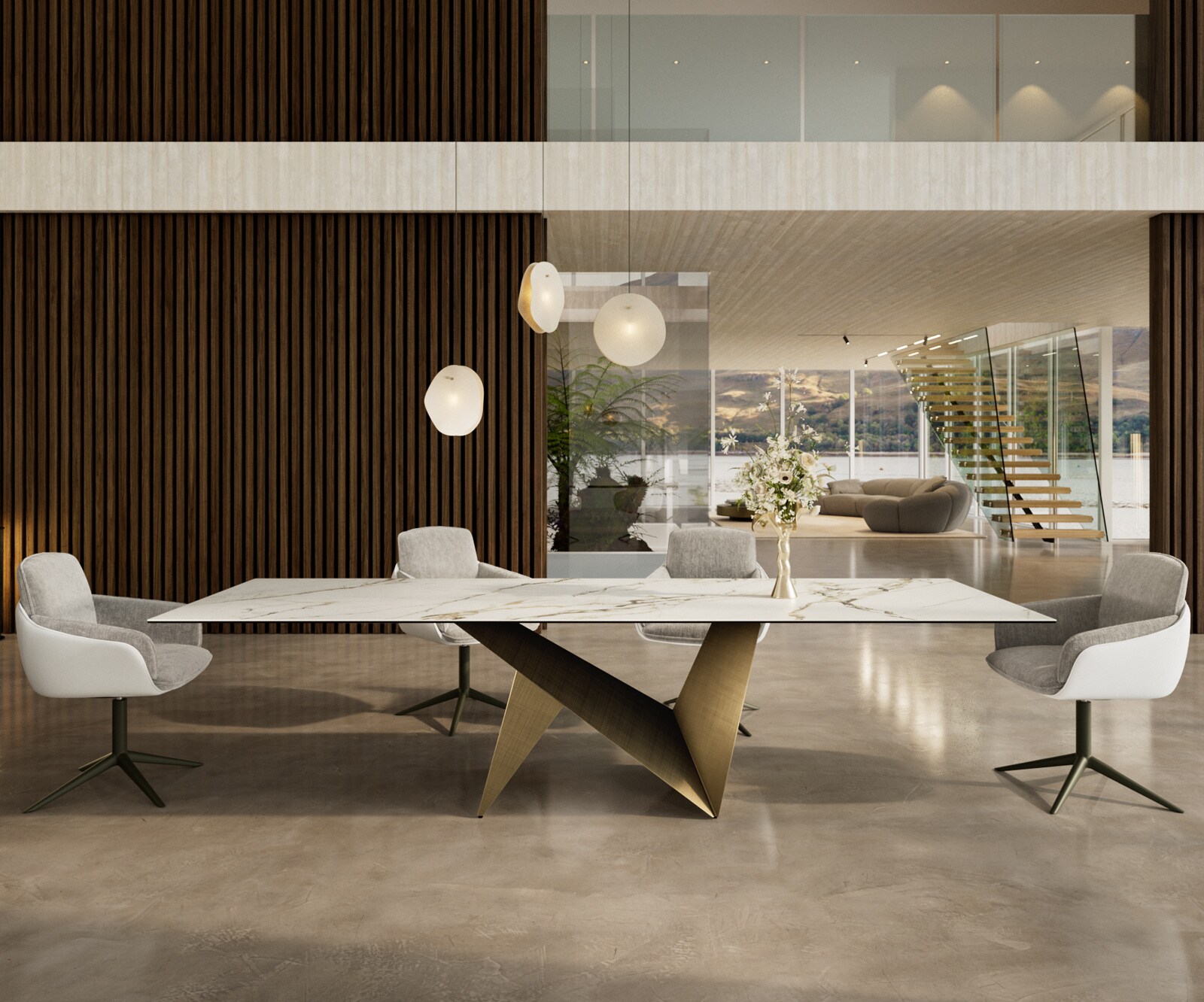 Esstisch Edge 300x100 Keramik Calacatta Luxe Weiß-Gold-Grau Origami Metallic Gold
