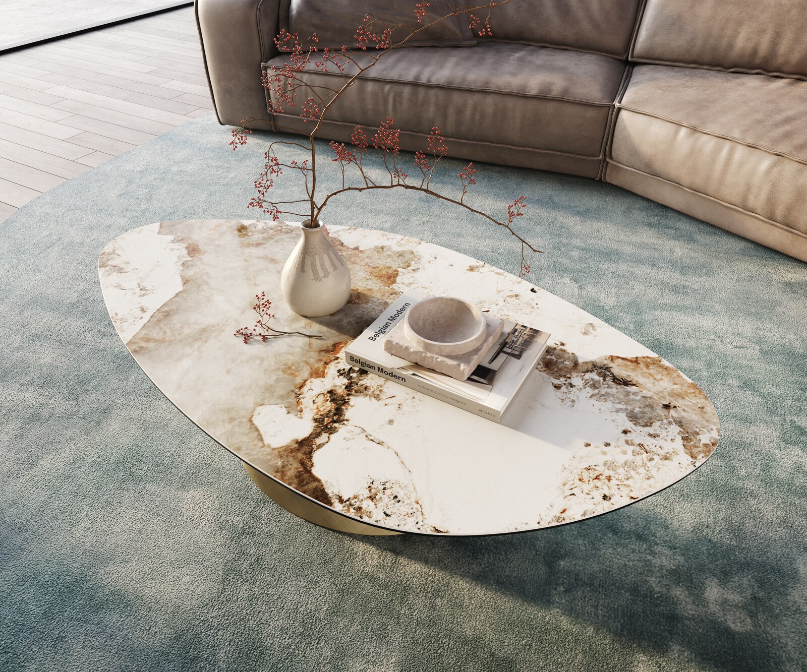 Table basse Edge Organique 140x76 cm céramique Minas Melange Conis doré métallique 4
