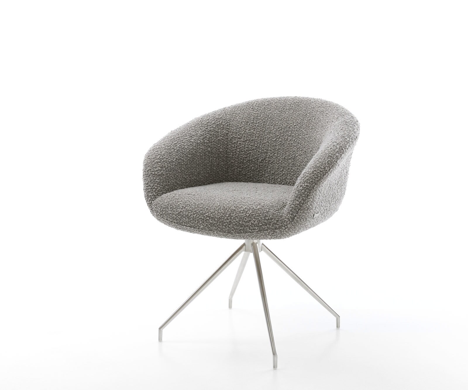 Chaise-pivotante Vinka-Flex avec accoudoirs bouclé gris argenté pied croisé conique acier inoxydable brossé pivotement sur 180° ressorts ensachés
