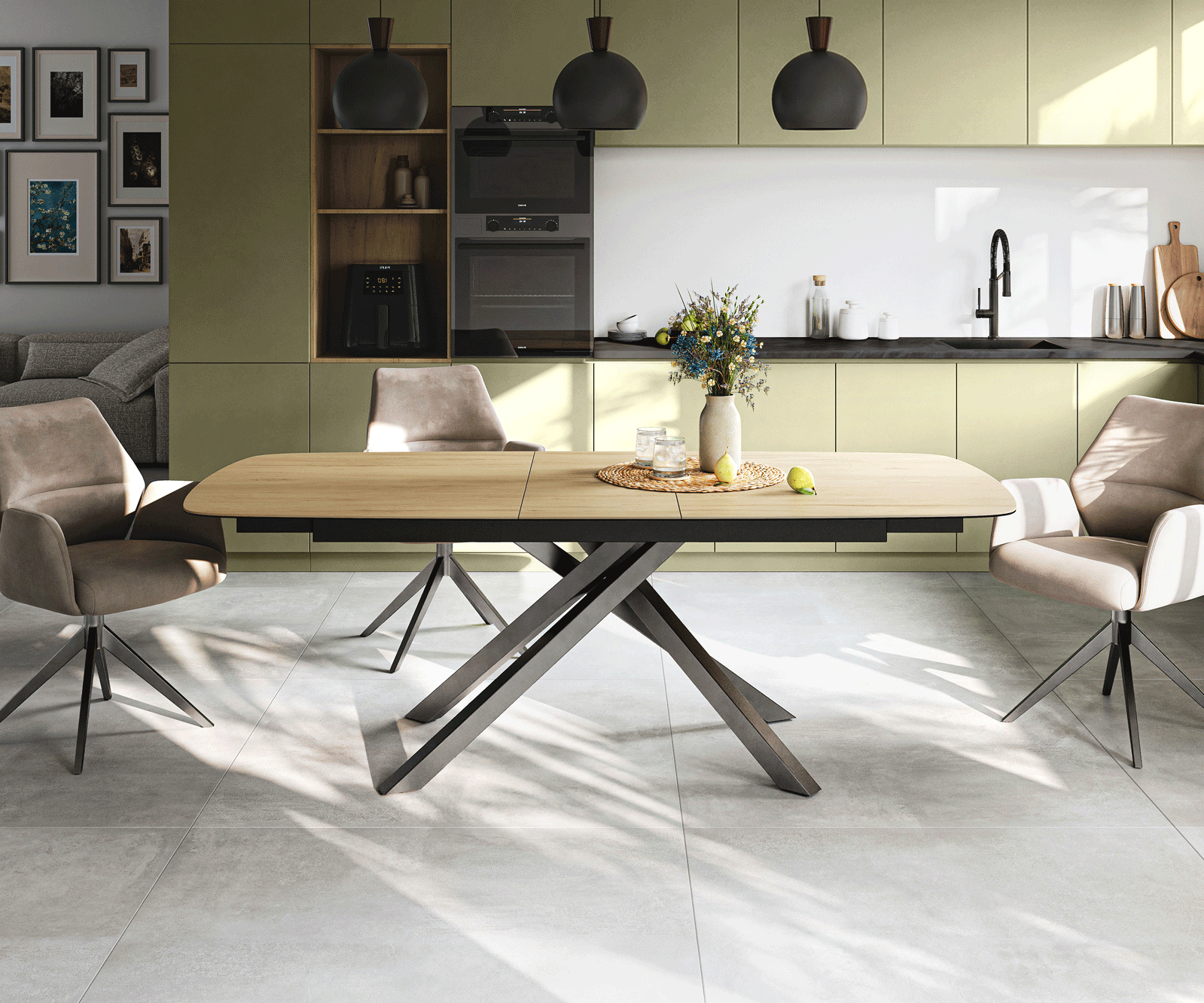 Esstisch Edge Boot 180-220x100 cm Keramik Laminam® Sabbia Eichefarbig Kreuzgestell Rechteck Edelstahl Graphit ausziehbar 1