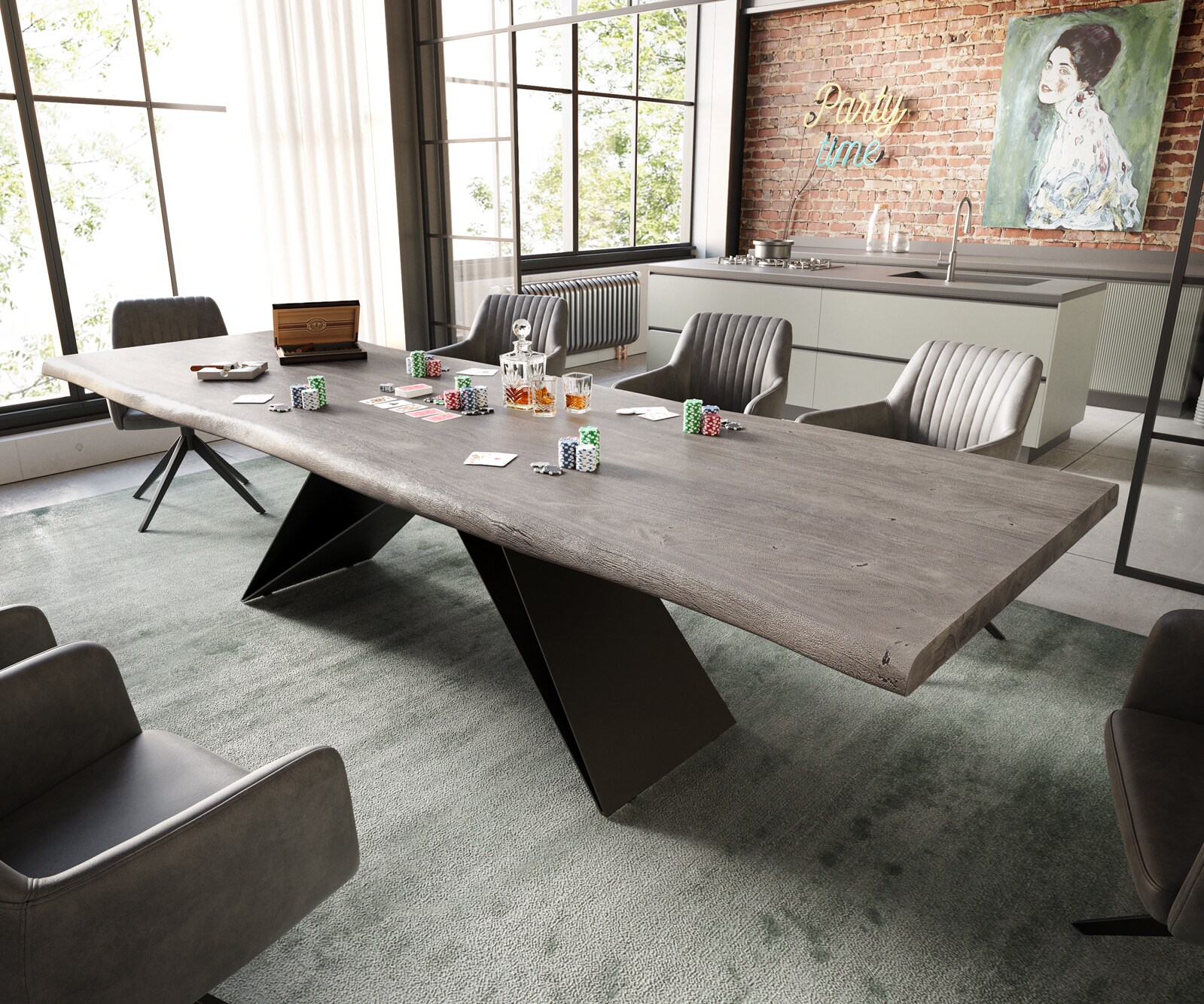 Table à manger Edge 300x100 XL acacia platine cadre en V acier plat noir Live-Edge 1