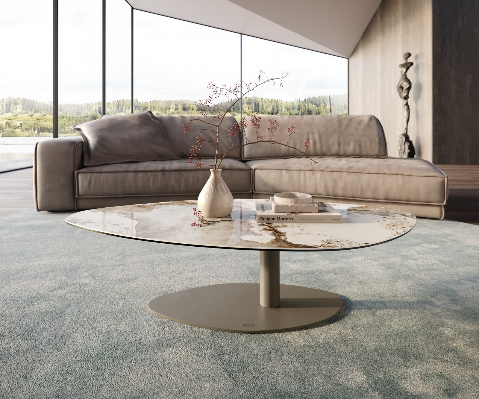 Couchtisch Edge Organisch 140x76 cm Keramik Minas Melange Vibany Metall Effektfinish Titan