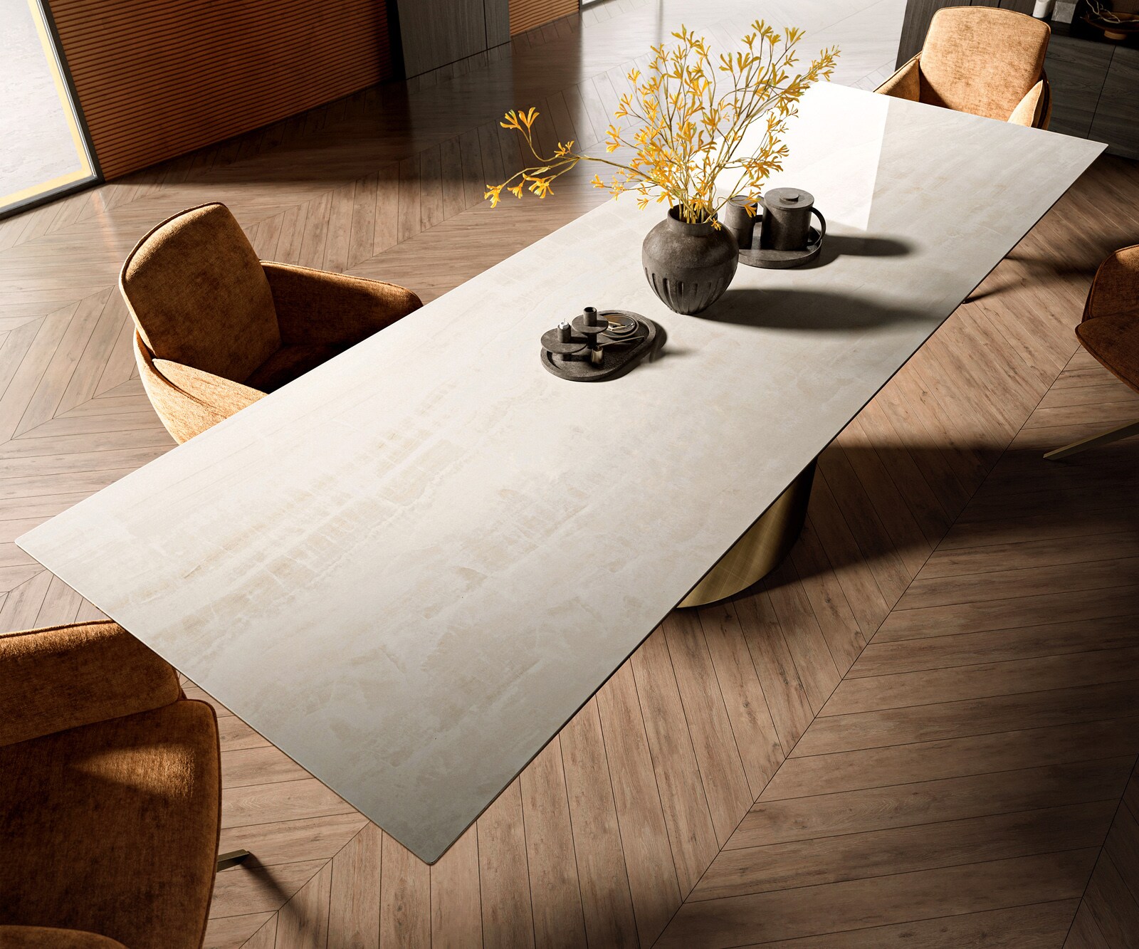 Esstisch Edge 300x100 cm Keramik Onyx Champagne Cono Metallic Gold 3
