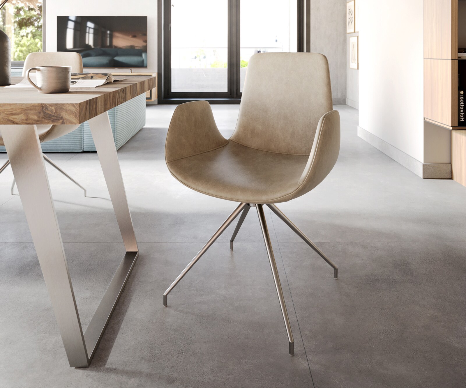Chaise-pivotante Ilia-Flex avec accoudoirs beige vintage cadre croisé conique acier inoxydable pivote sur 180°