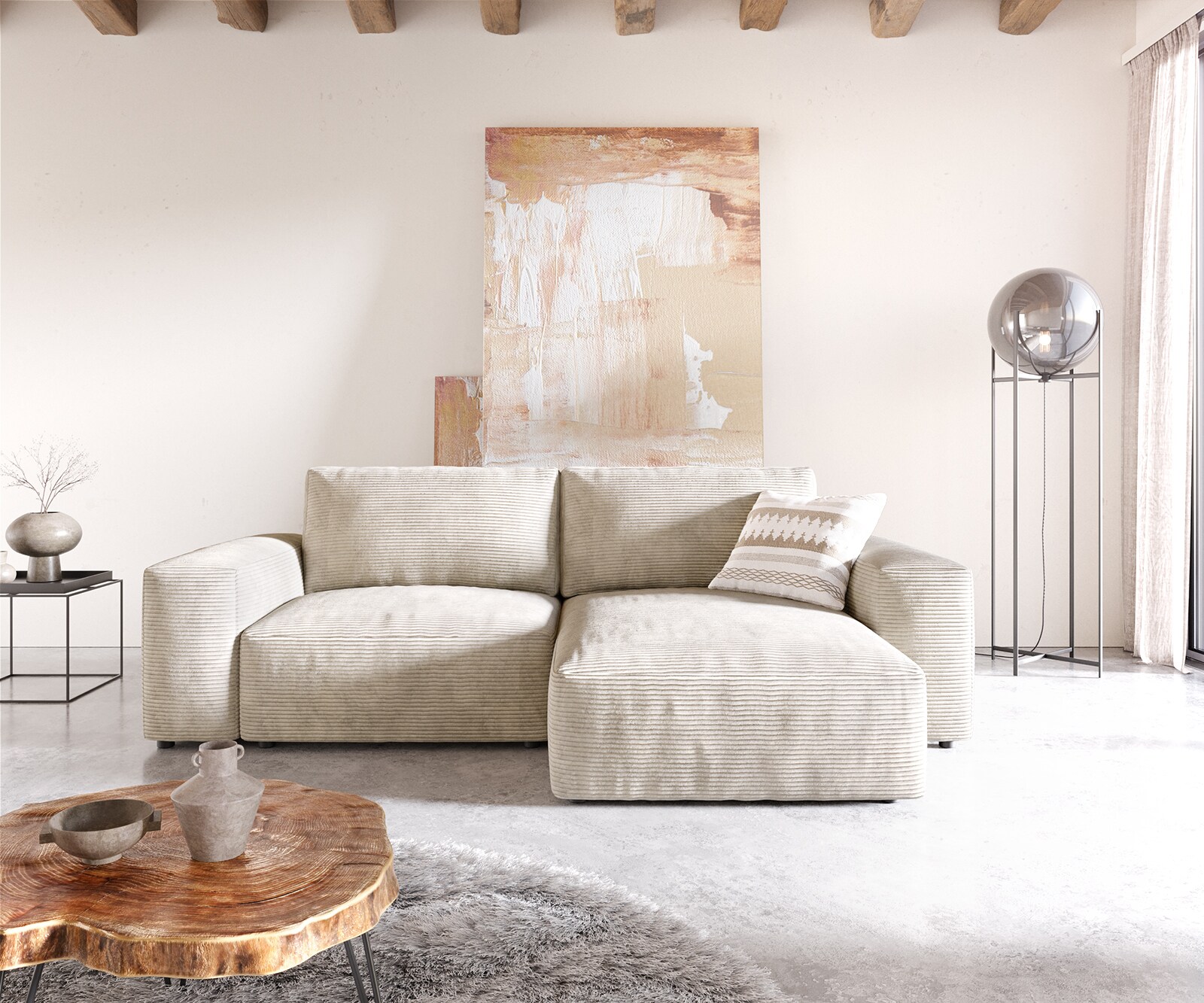 Canapé d’angle Lanzo 230x155 cm velours côtelé beige méridienne réversible 1