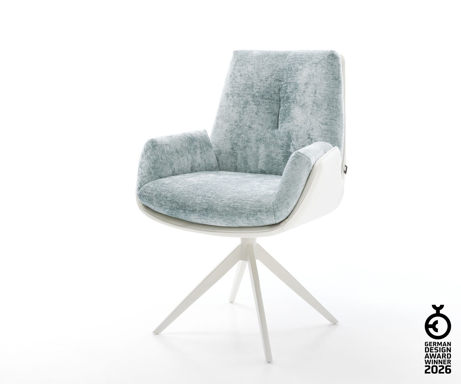 Drehstuhl Clea-Flex Materialmix Echtleder Weiß-Pastellblau Kreuzgestell breit Weiß 360° drehbar Wippfunktion