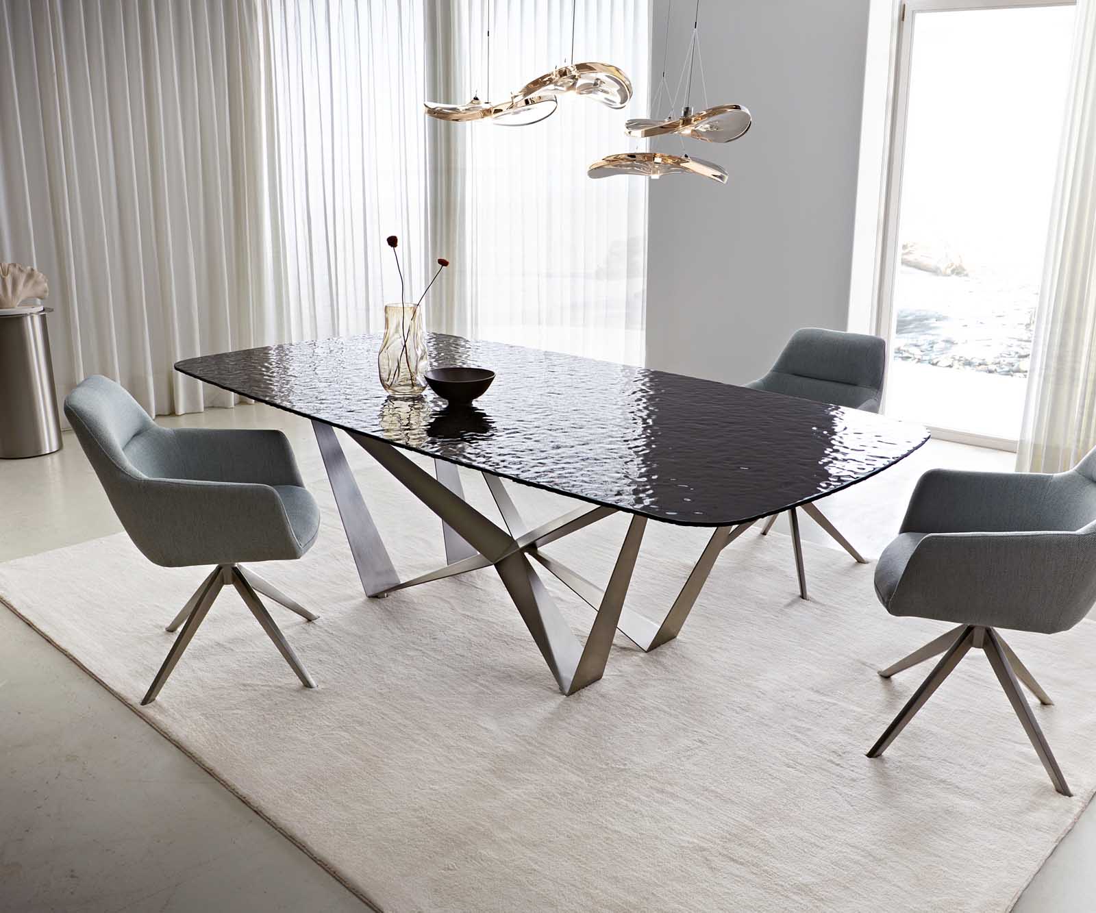 Table à manger Edge en forme de bateau 240x120 verre fondu noir fumé relief en 3D Spider acier plat acier inoxydable 2