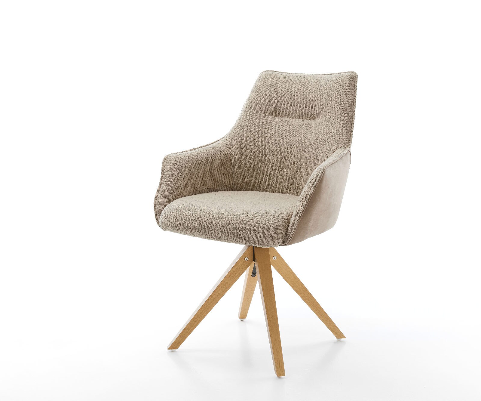 Chaise-pivotante Alja-Flex avec accoudoirs tissu mixte couleur boue pied en bois angulaire naturel pivotement sur 180° ressorts ensachés