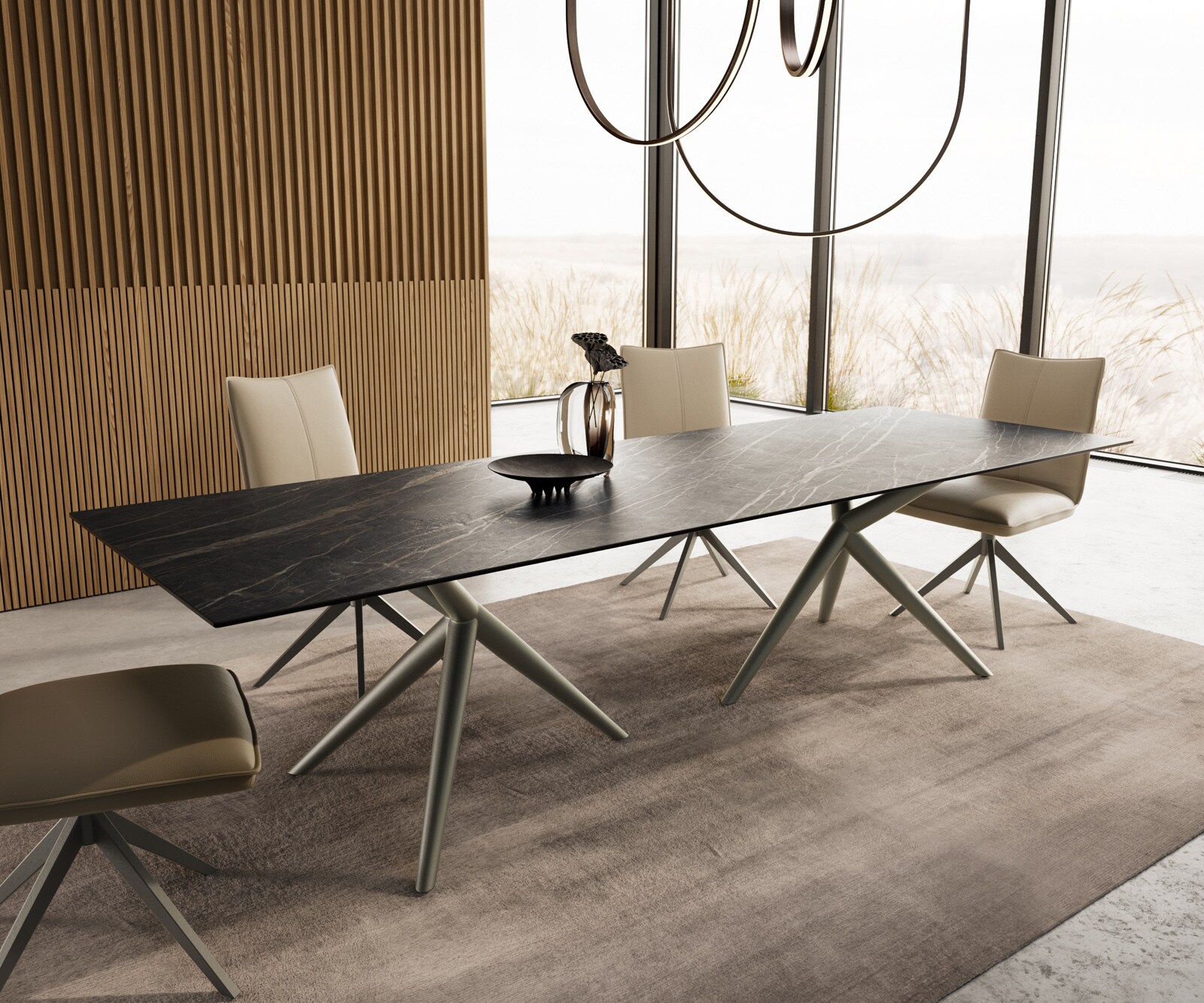 Esstisch Edge 300x100 Keramik Laminam®Noir Desir Braun Estelar rund Metall Effektfinish Titan