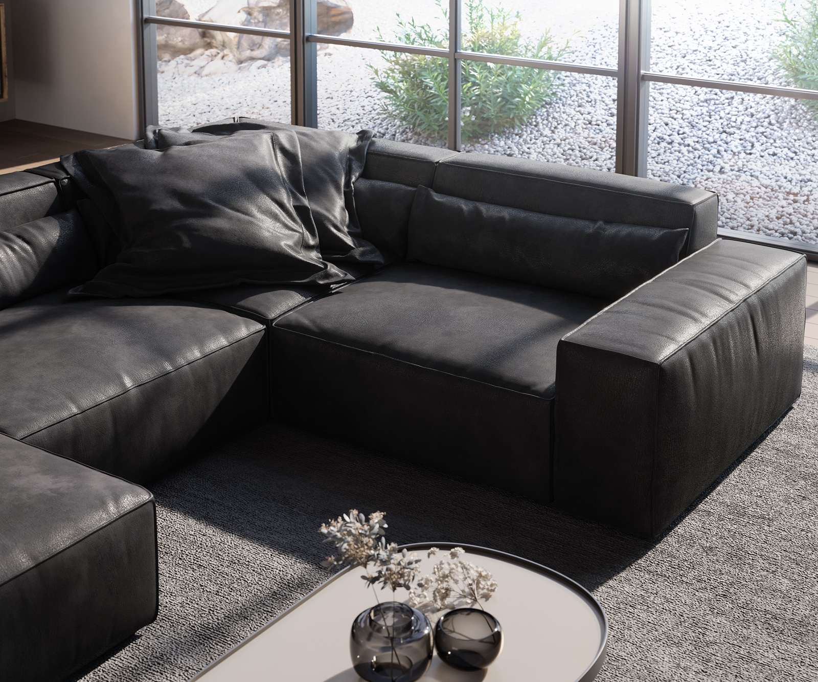 Wohnlandschaft Sirpio 300x200 cm Lederimitat Vintage Anthrazit Recamiere variabel mit Hocker 4 Wohnlandschaft Sirpio 300x200 cm Lederimitat Vintage Anthrazit Recamiere variabel mit Hocker 4
