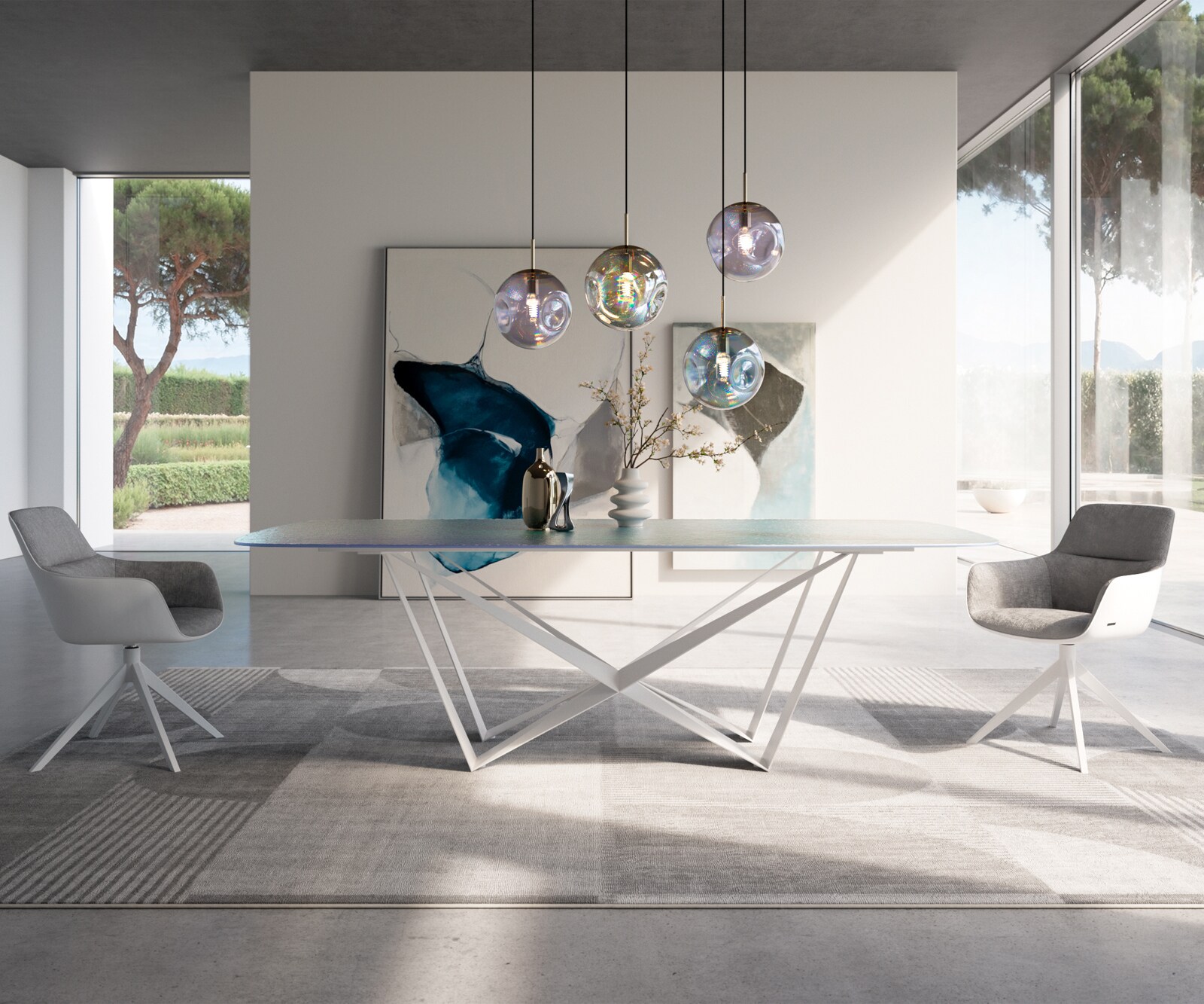 Table à manger Edge Boot 240x120 cm Reliefglas Nacre 3D-Design Spider Métal Blanc 1