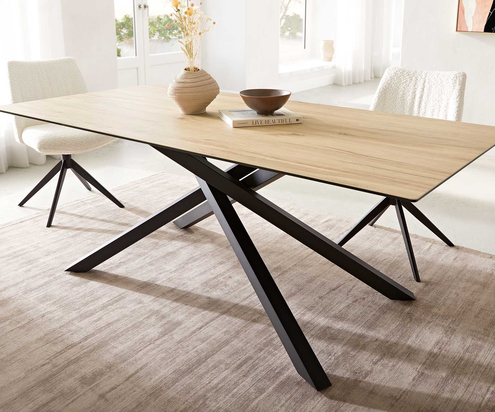Esstisch Edge 200x100 Keramik Laminam® Sabbia Eichefarbig Kreuzgestell Rechteck Schwarz 6