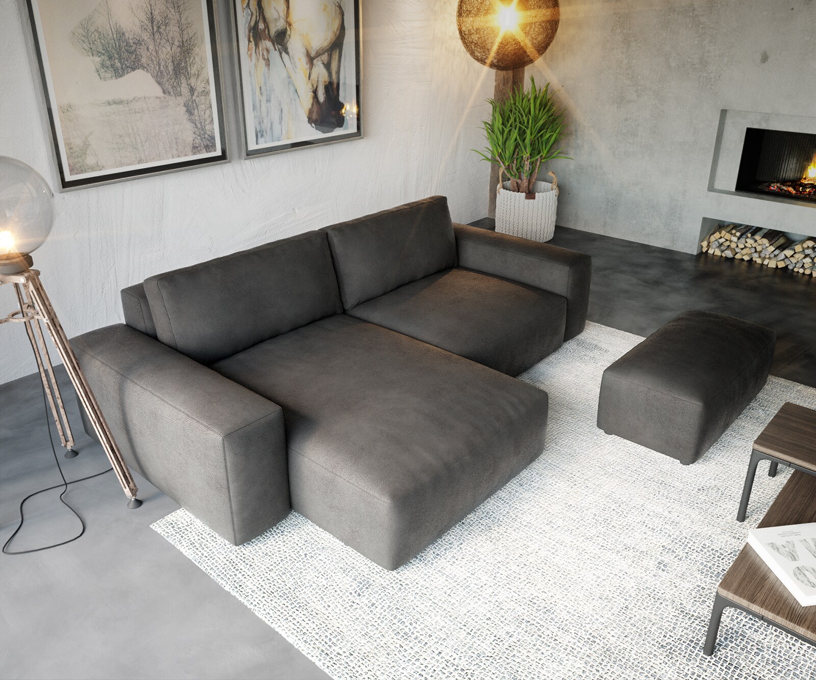 Ecksofa Lanzo XL 270x180 cm Lederimitat Vintage Anthrazit Recamiere variabel mit Hocker 4