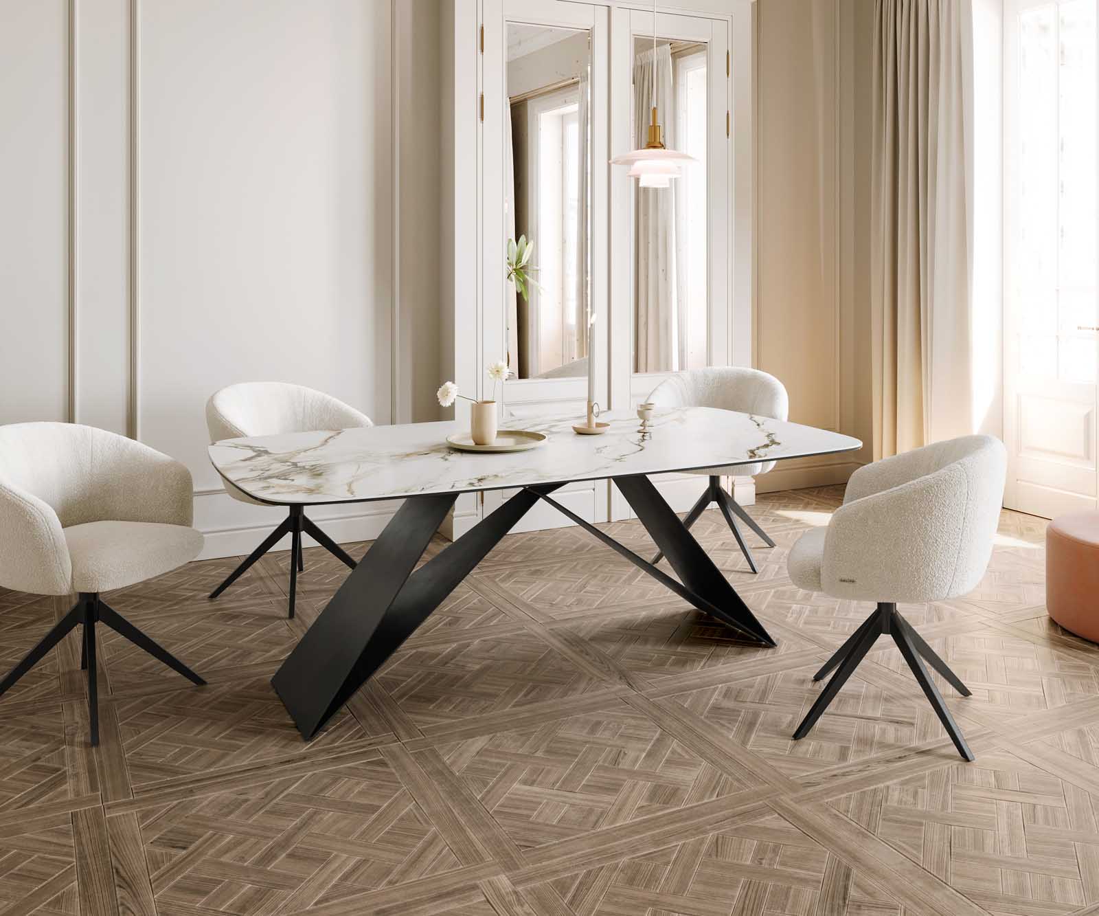 Esstisch Edge Boot 200x100 Keramik Calacatta Luxe Weiß-Gold-Grau V-Gestell Flachstahl Schwarz 6 Esstisch Edge Boot 200x100 Keramik Calacatta Luxe Weiß-Gold-Grau V-Gestell Flachstahl Schwarz 6