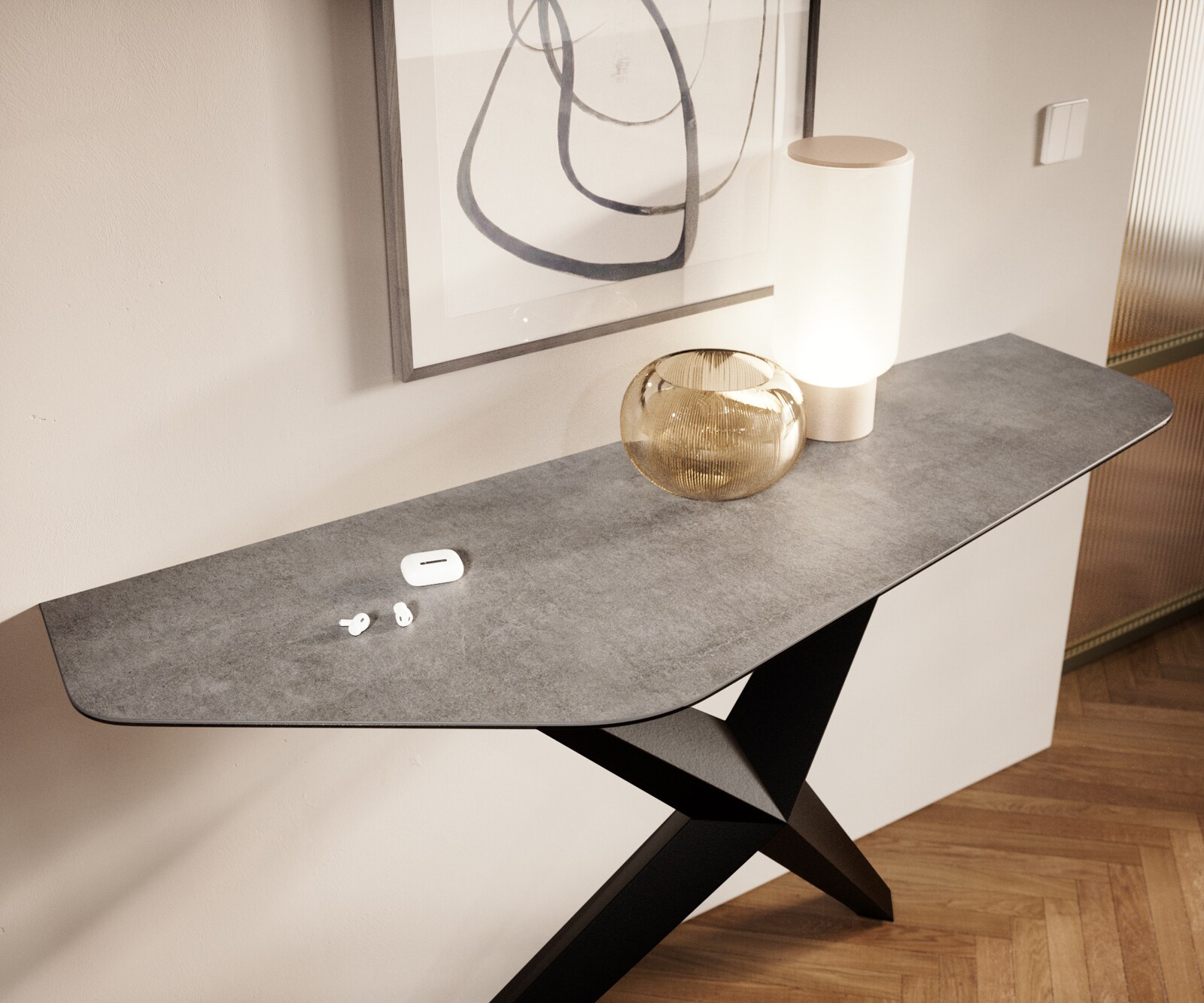 Konsolentisch Edge Polygonal 140x50 cm Keramik Beton Grau Zentharo Metall Schwarz 5